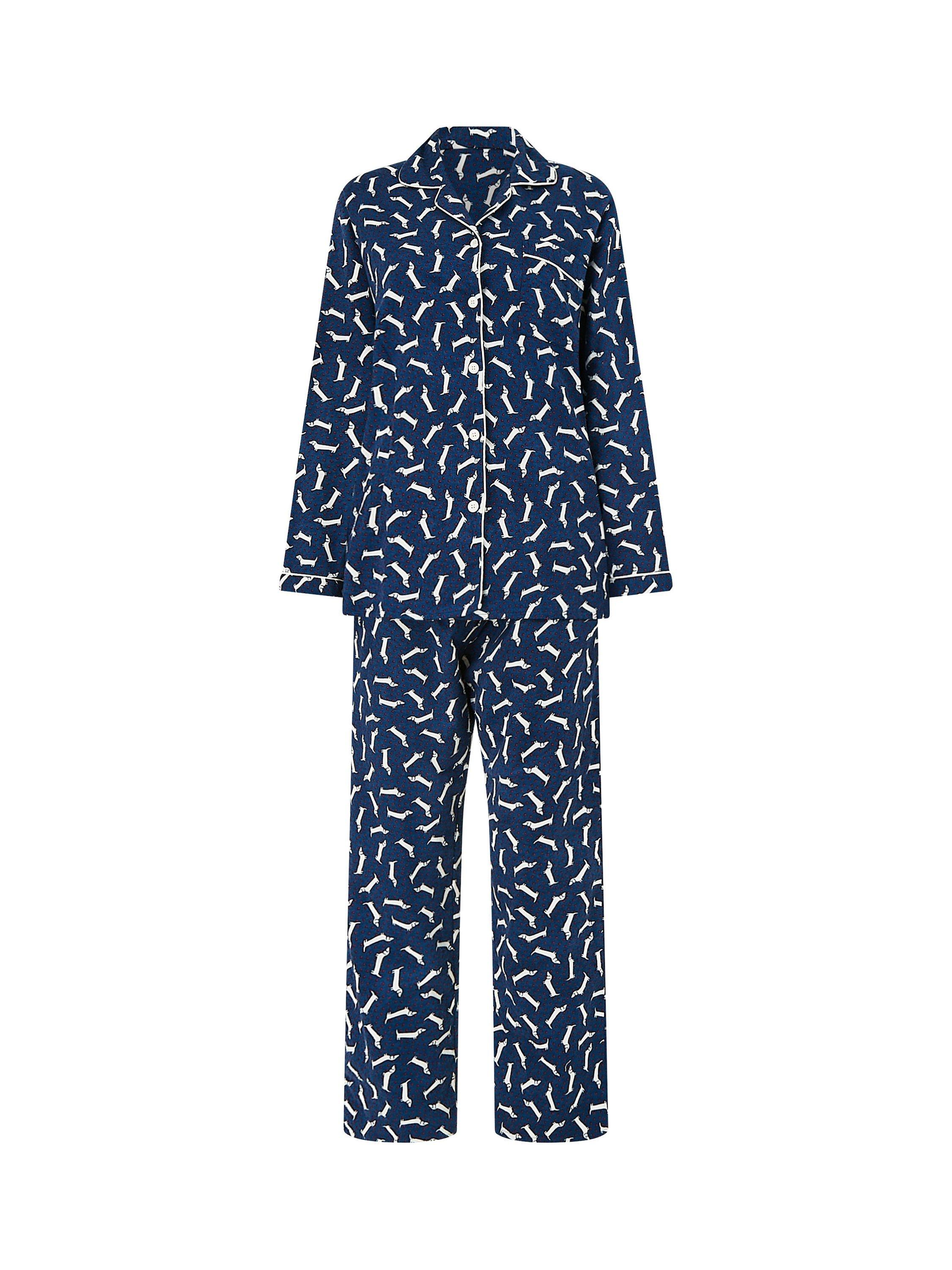 Product image 4 of 6, which shows Yumi Dachshund Print Brushed Cotton Pyjamas, Navy, S