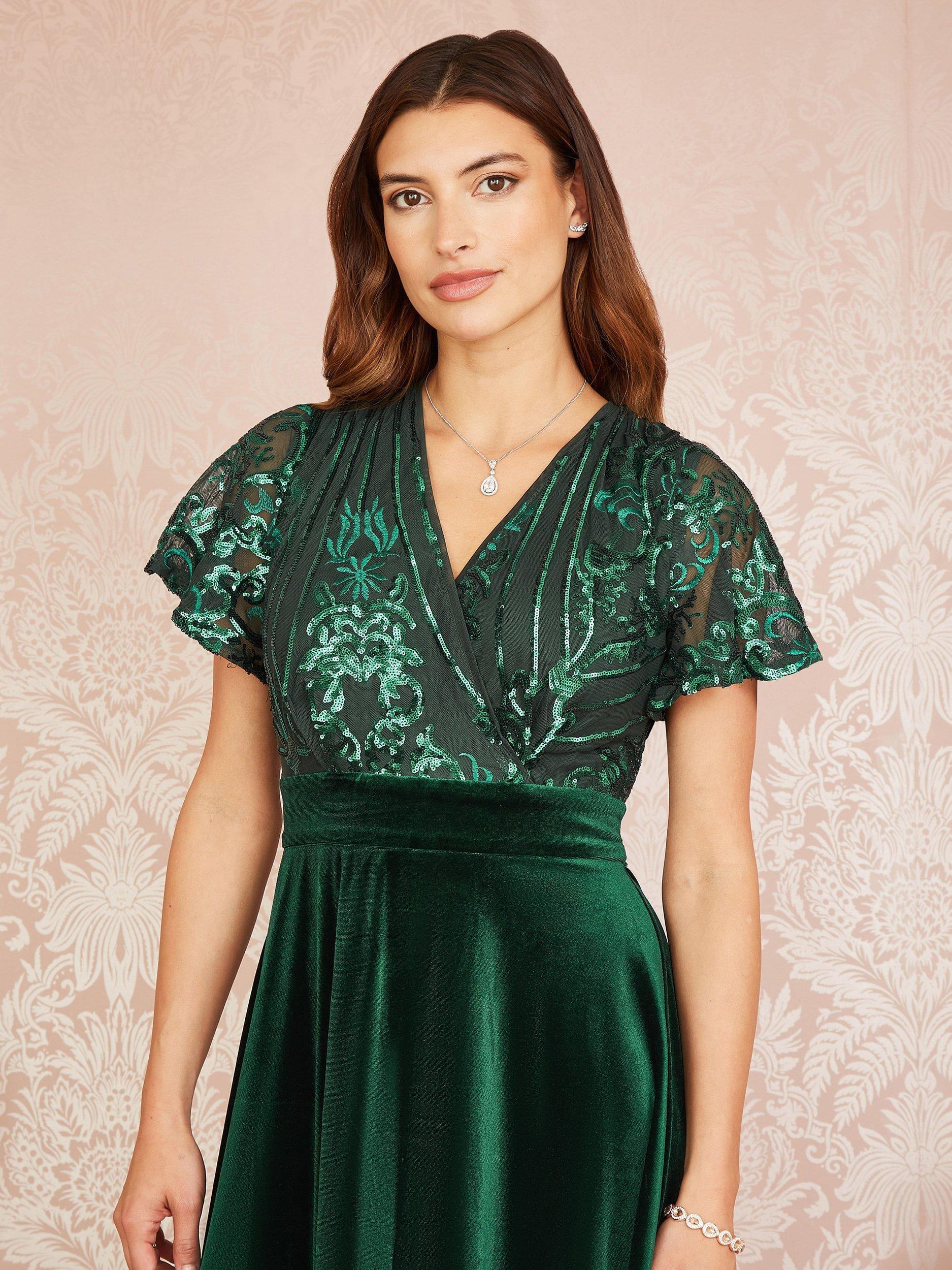 Product image 2 of 5, which shows Yumi Sequin Bodice Velvet Skater Midi Dress, Emerald, 18