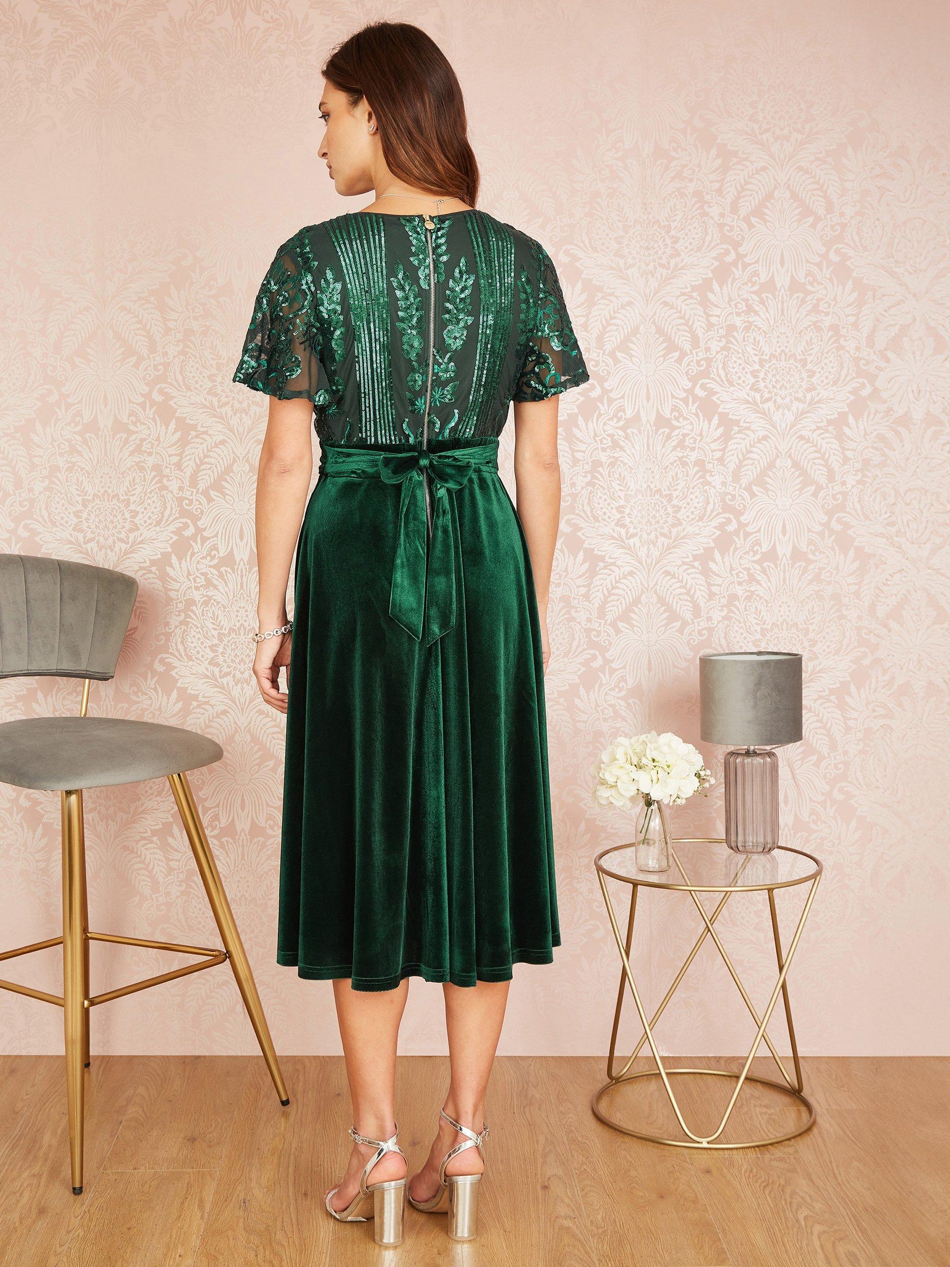 Product image 3 of 5, which shows Yumi Sequin Bodice Velvet Skater Midi Dress, Emerald, 18