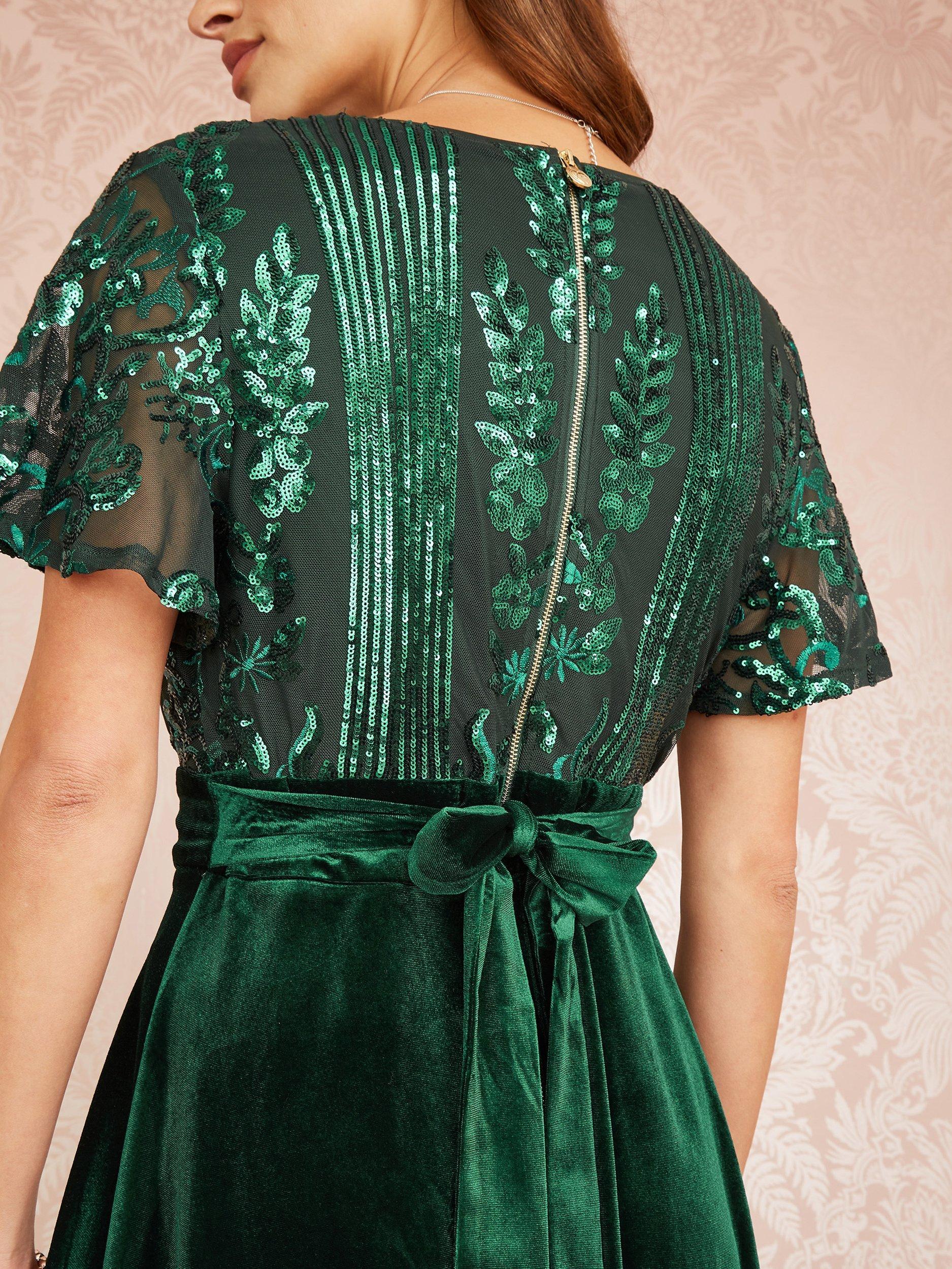Product image 4 of 5, which shows Yumi Sequin Bodice Velvet Skater Midi Dress, Emerald, 18