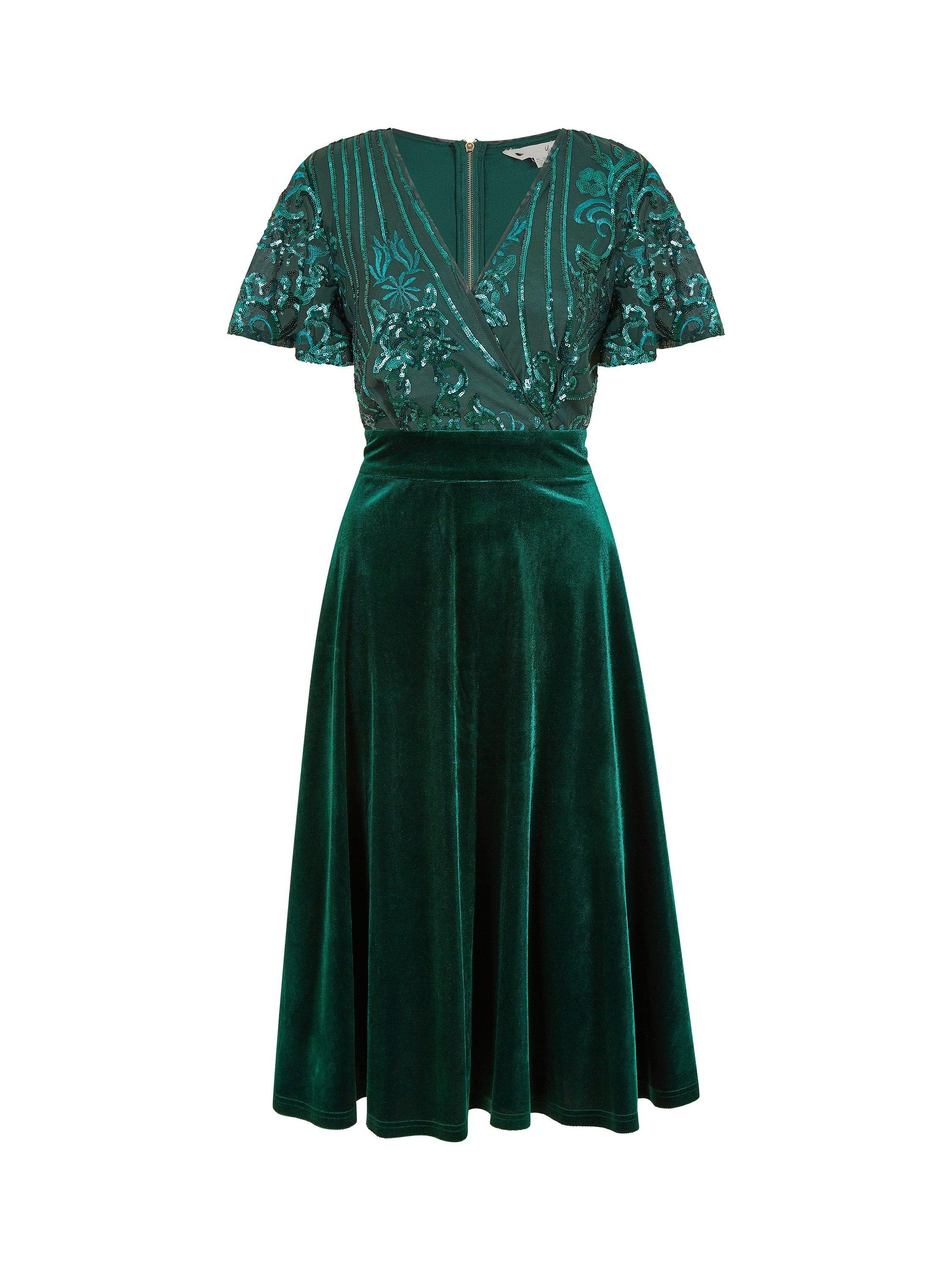 Product image 5 of 5, which shows Yumi Sequin Bodice Velvet Skater Midi Dress, Emerald, 18