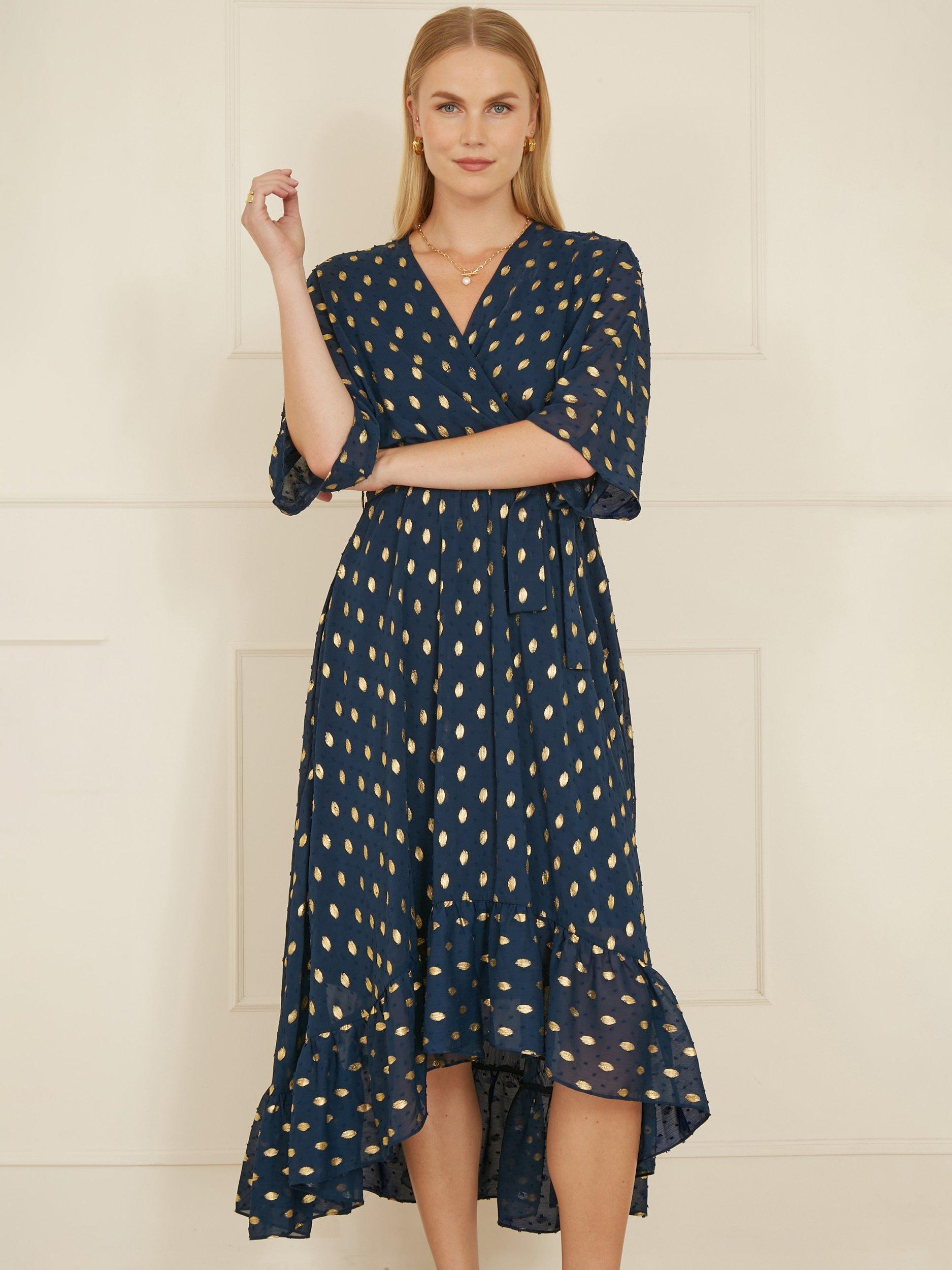 Product image 1 of 6, which shows Yumi Foil Print Wrap Midi Dress, Navy, 8