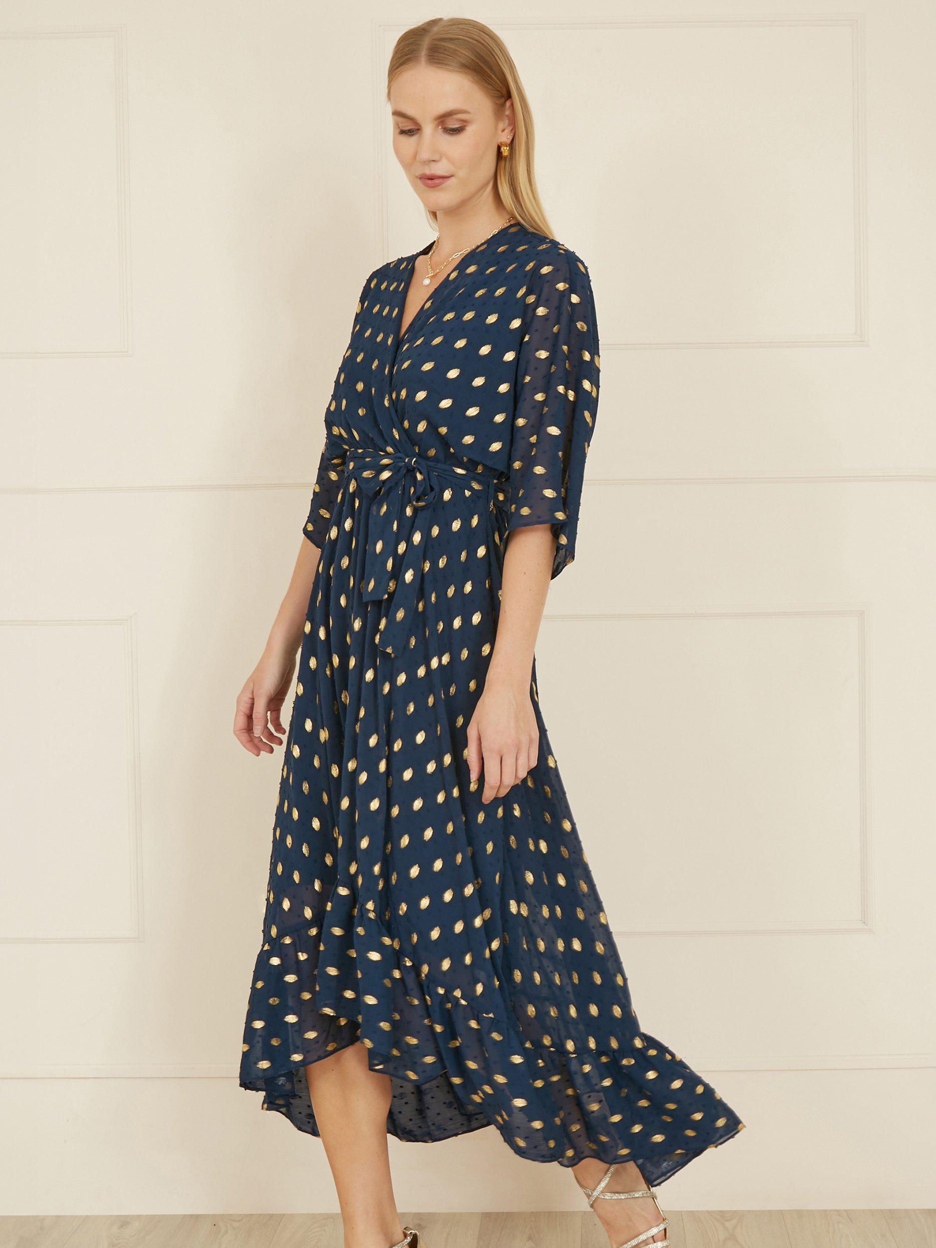 Product image 3 of 6, which shows Yumi Foil Print Wrap Midi Dress, Navy, 8