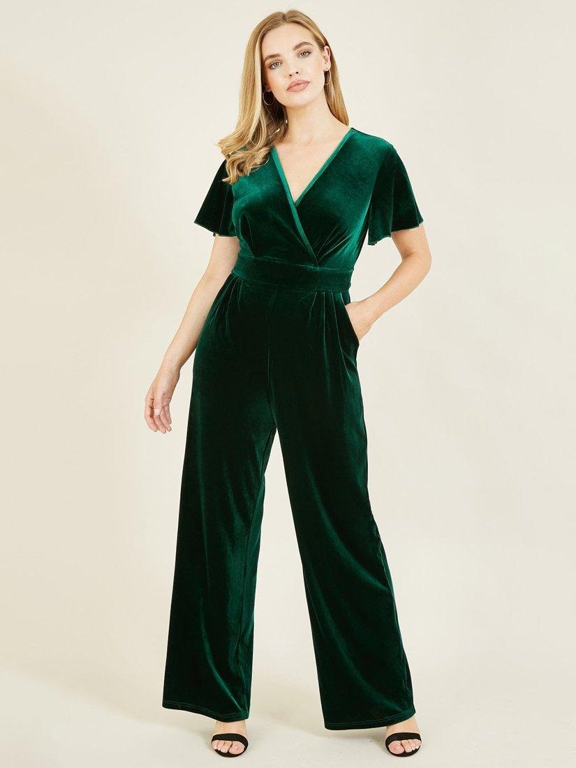 Product image 1 of 4, which shows Yumi Velvet Angel Sleeve Jumpsuit, Green, 20