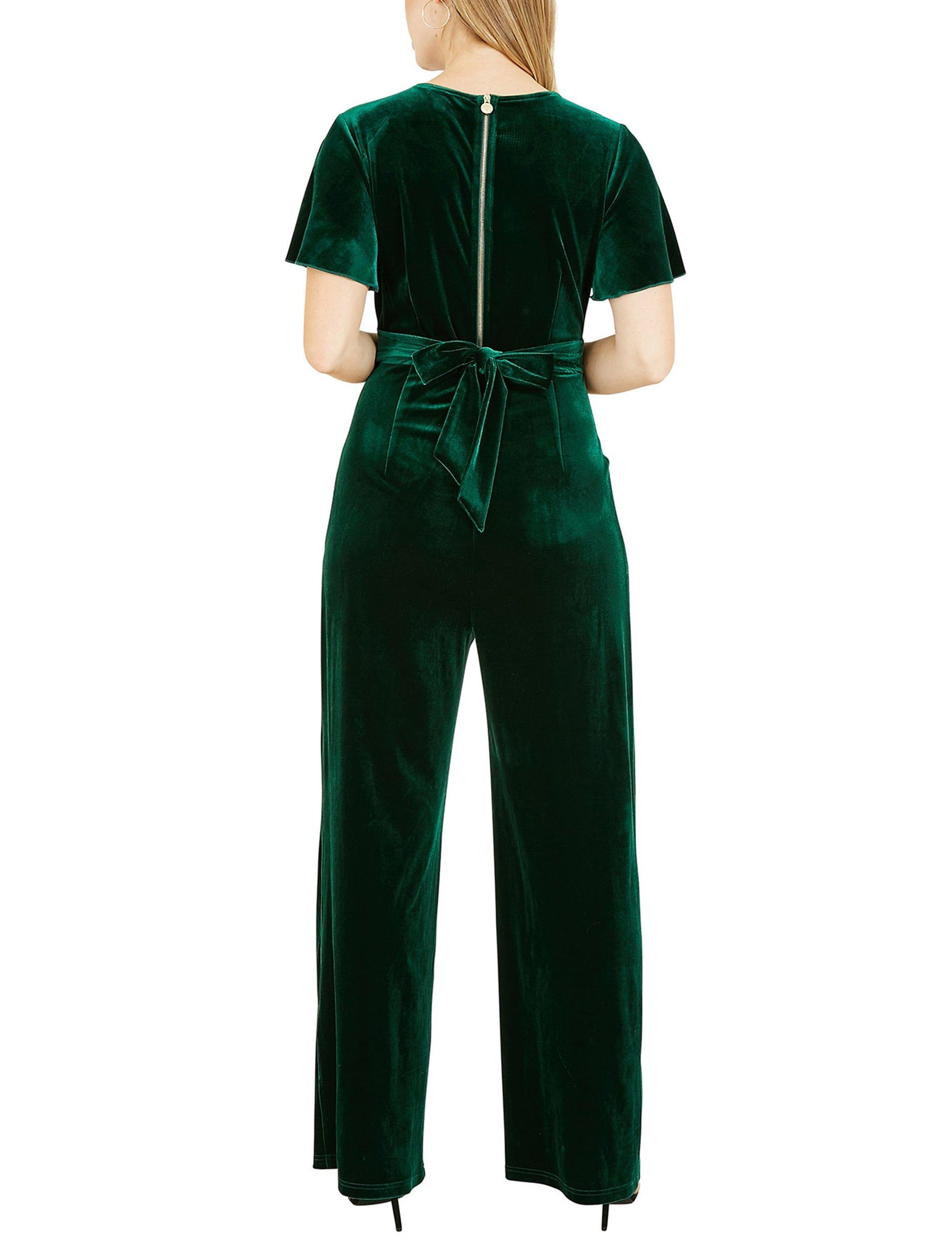 Product image 3 of 4, which shows Yumi Velvet Angel Sleeve Jumpsuit, Green, 20