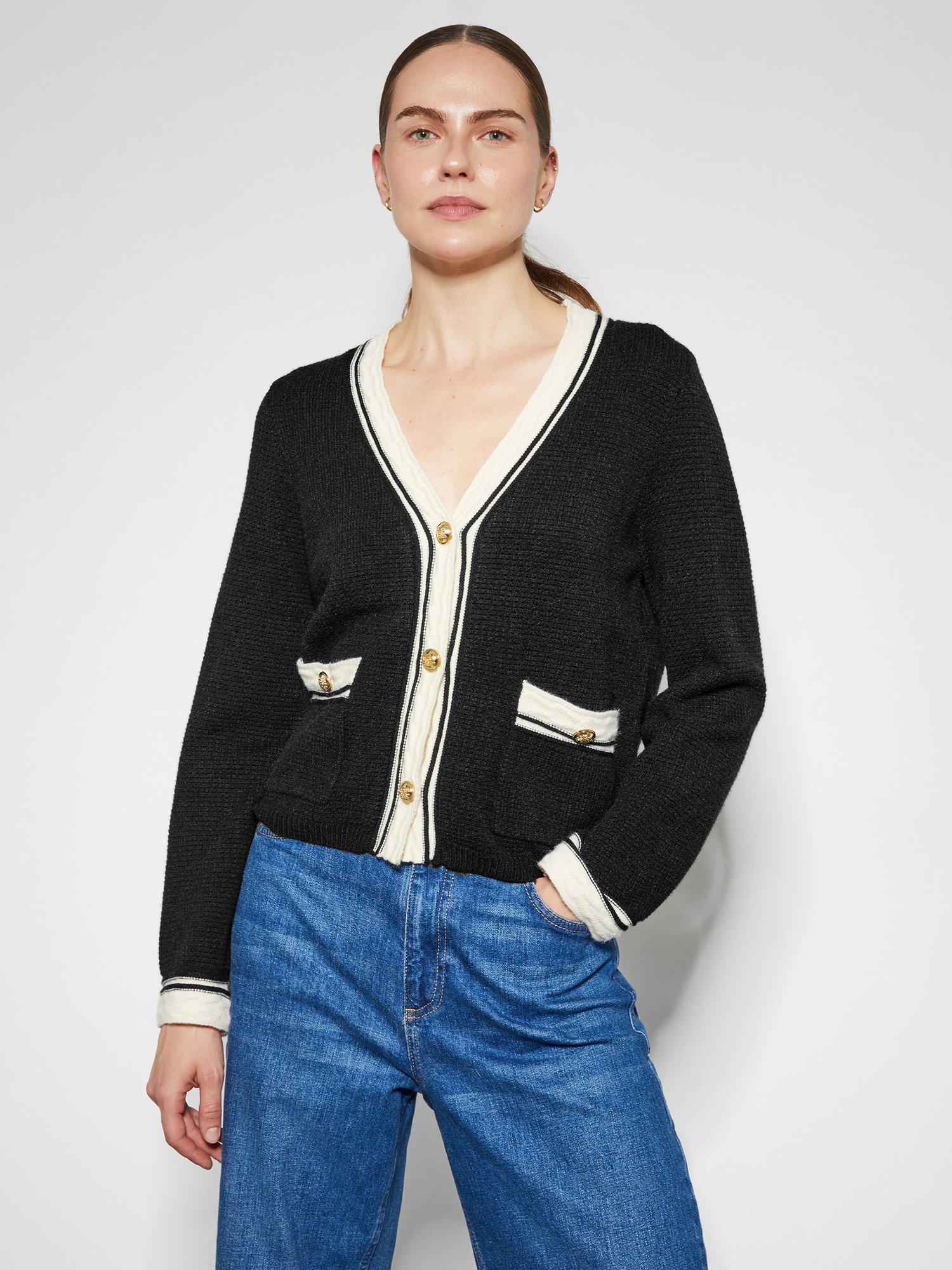 Product image 1 of 4, which shows Monsoon Pia Colour Contrast Cardigan, Black, S