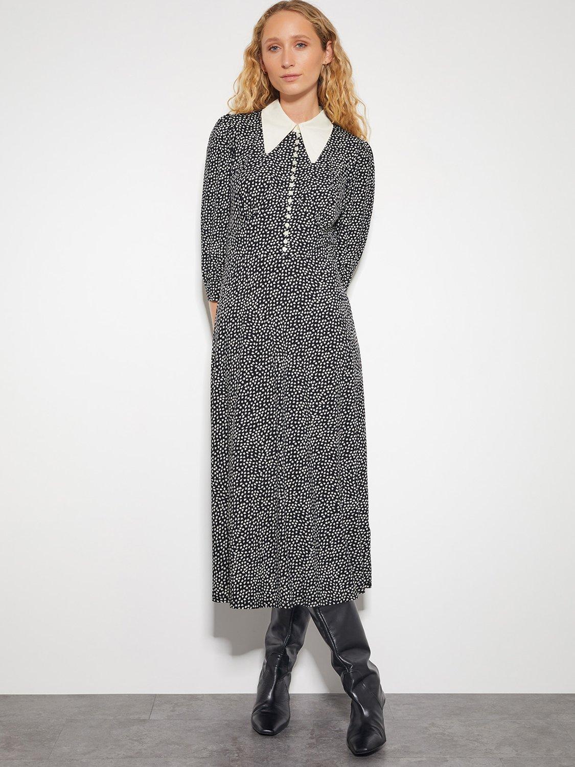 Product image 1 of 6, which shows Monsoon Arielle Print Dress, Black, S