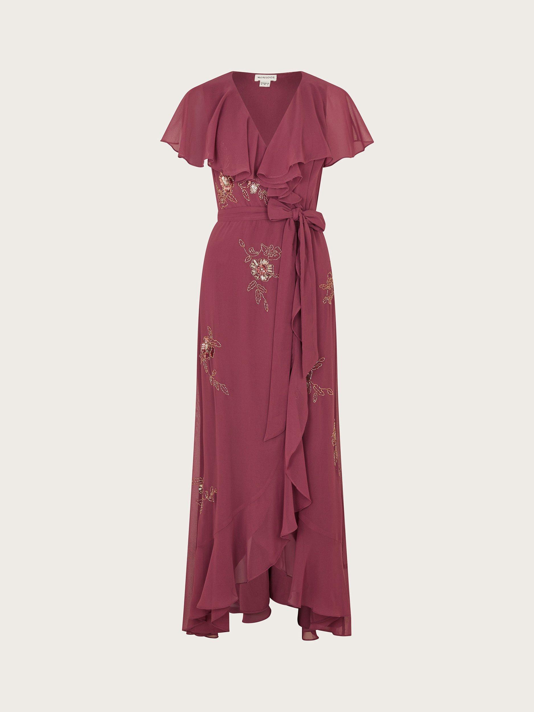 Product image 5 of 5, which shows Monsoon Ausha Ruffle Wrap Dress, Dark Pink, 6