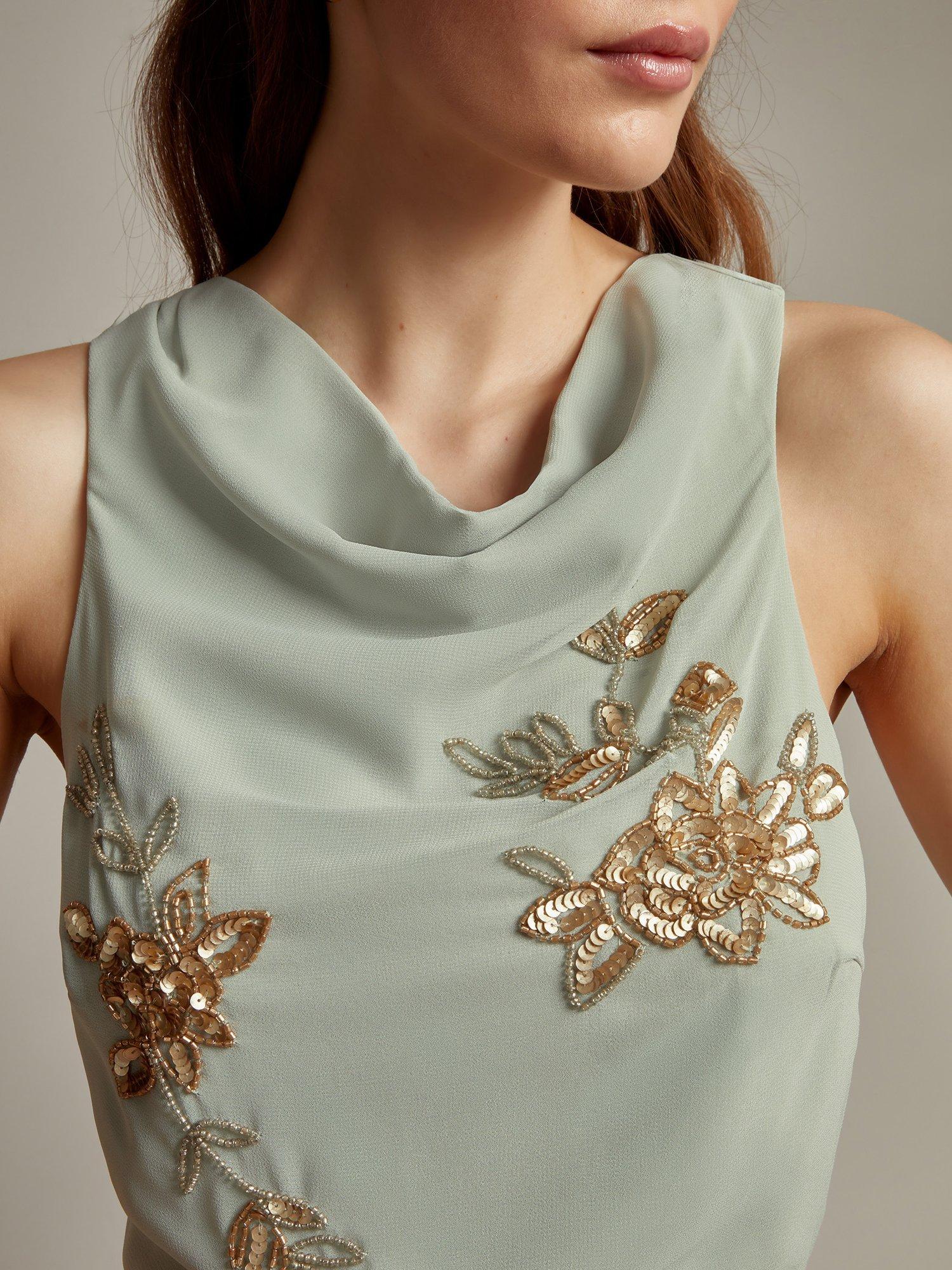 Product image 2 of 5, which shows Monsoon Sarah Embroidered Cowl Neck Dress, Mint/Gold, 16
