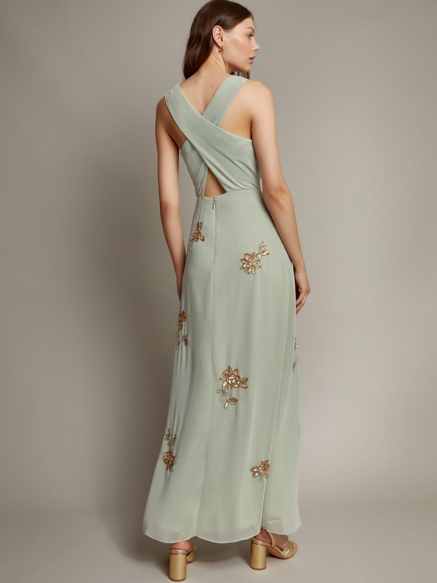 Product image 3 of 5, which shows Monsoon Sarah Embroidered Cowl Neck Dress, Mint/Gold, 16