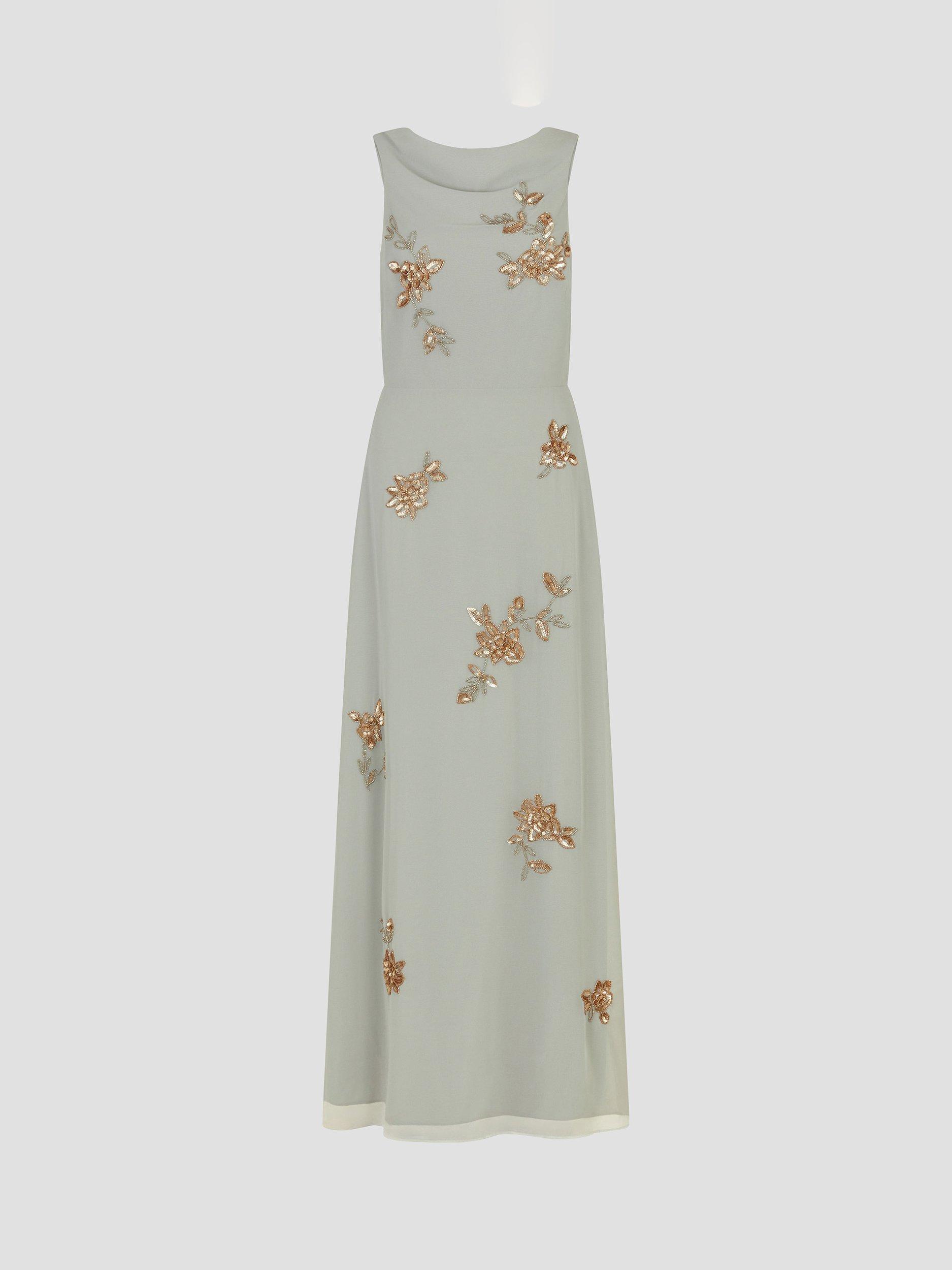 Product image 5 of 5, which shows Monsoon Sarah Embroidered Cowl Neck Dress, Mint/Gold, 16