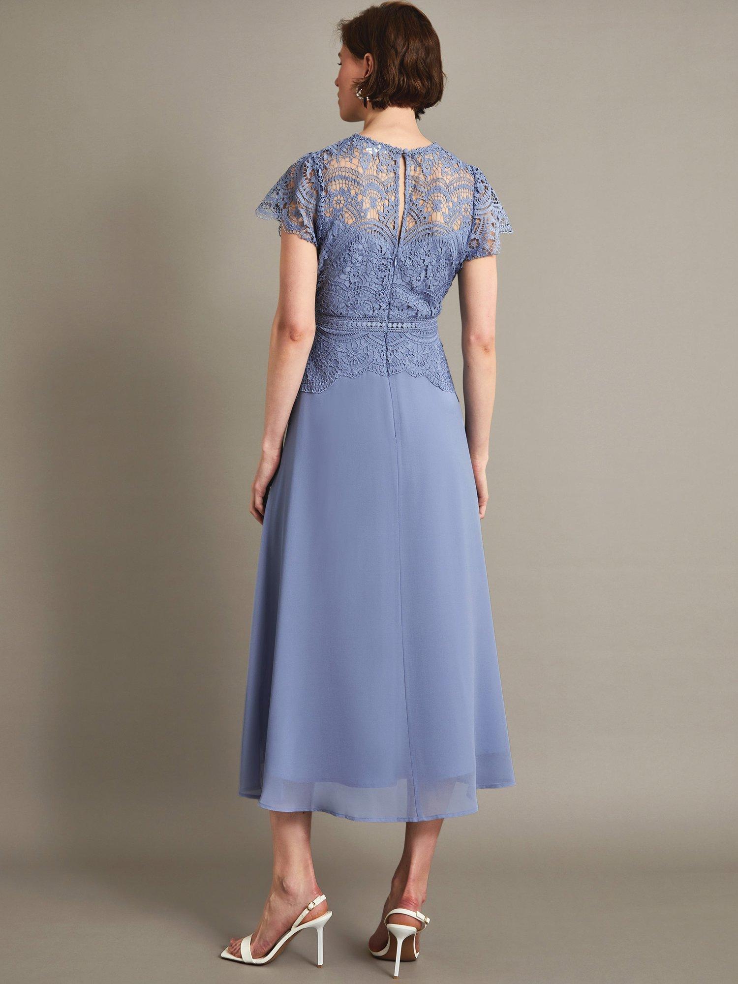 Product image 2 of 5, which shows Monsoon Monica Lace Midi Dress, Blue, 6