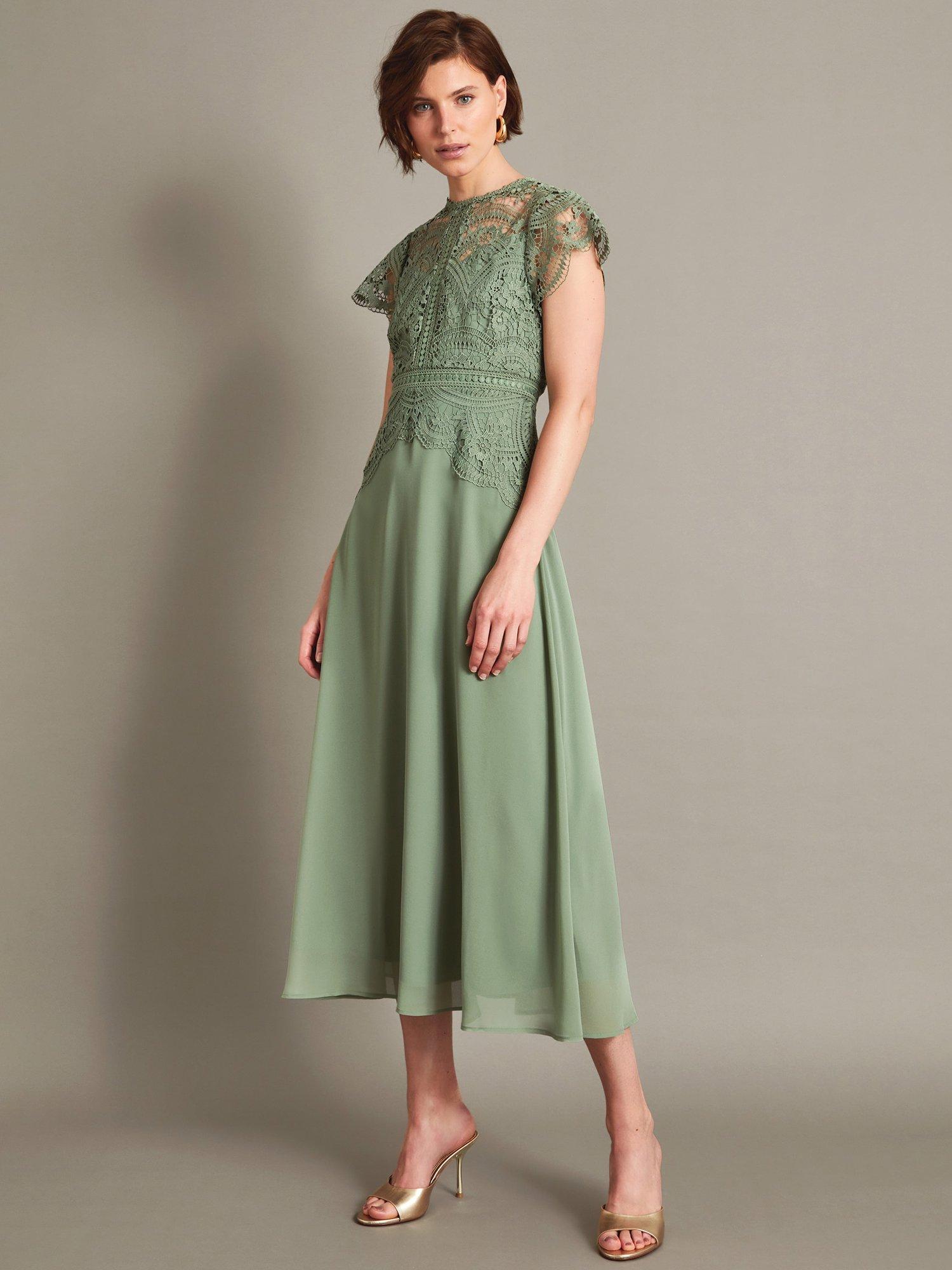Product image 1 of 5, which shows Monsoon Monica Lace Midi Dress, Olive, 8