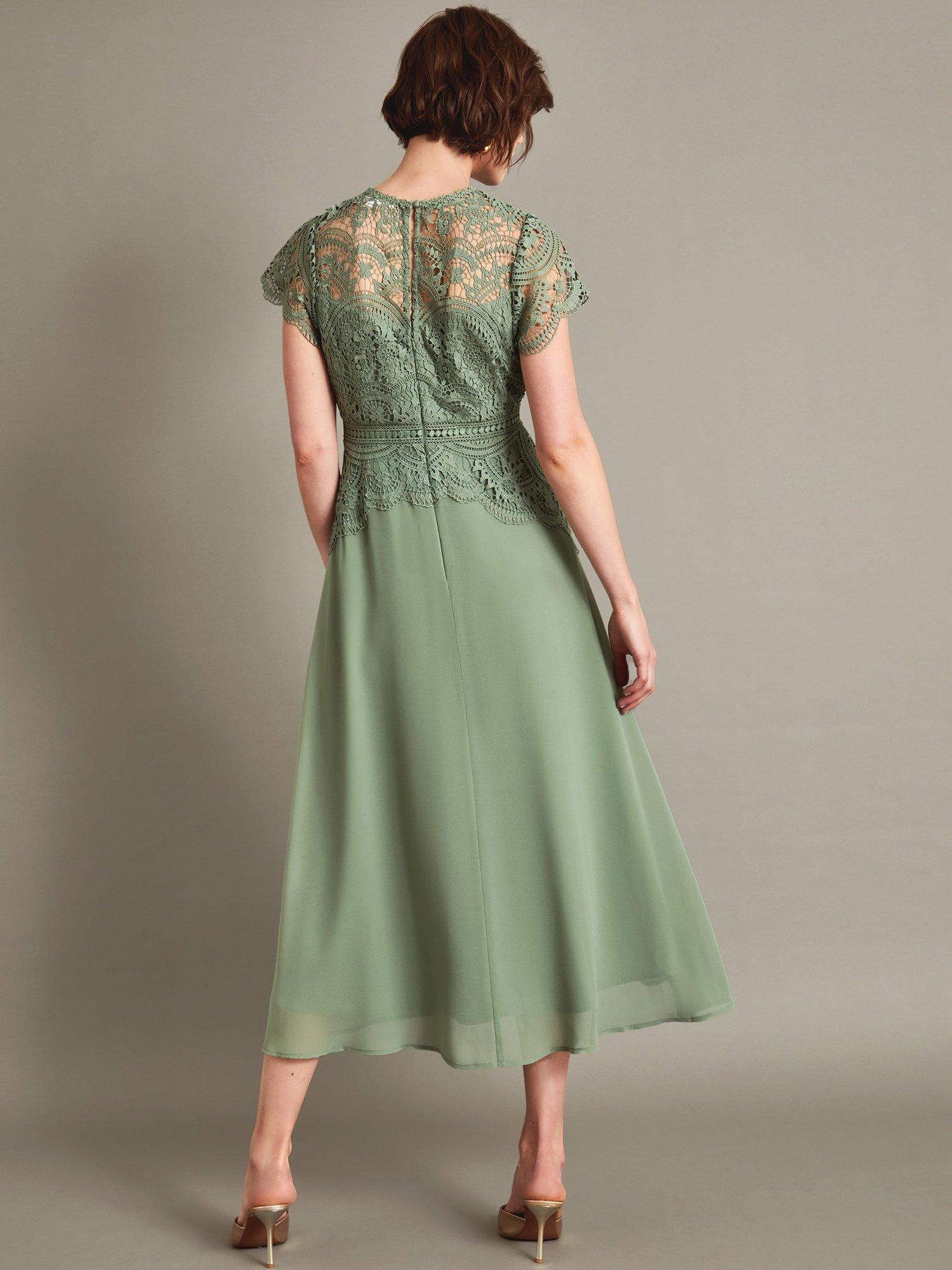 Product image 2 of 5, which shows Monsoon Monica Lace Midi Dress, Olive, 8