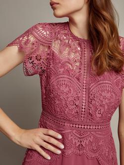 Monsoon Monica Lace Midi Dress - view 2, Dark Pink