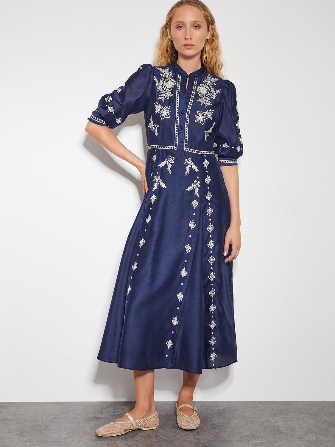 Product image 1 of 5, which shows Monsoon Nadia Embroidered Shirt Dress, Navy, 16