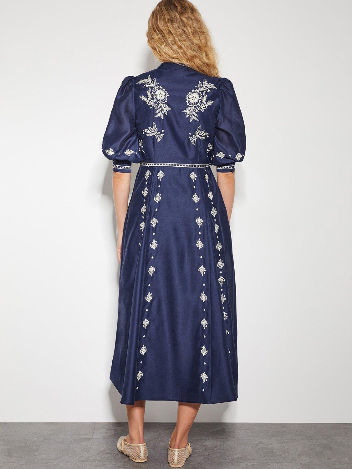 Product image 4 of 5, which shows Monsoon Nadia Embroidered Shirt Dress, Navy, 16