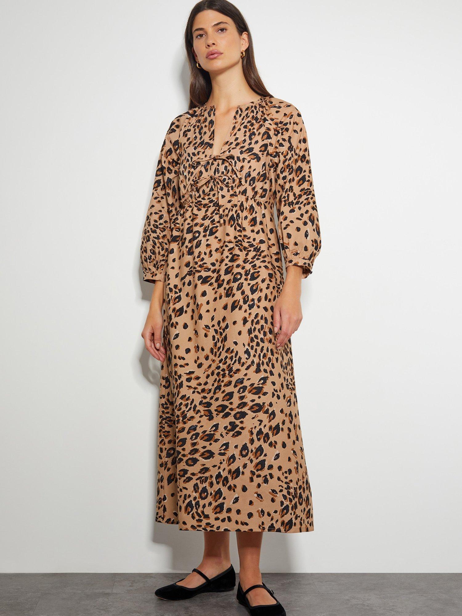 Product image 1 of 6, which shows Monsoon Raife Animal Print Tie Midi Dress, Natural, L