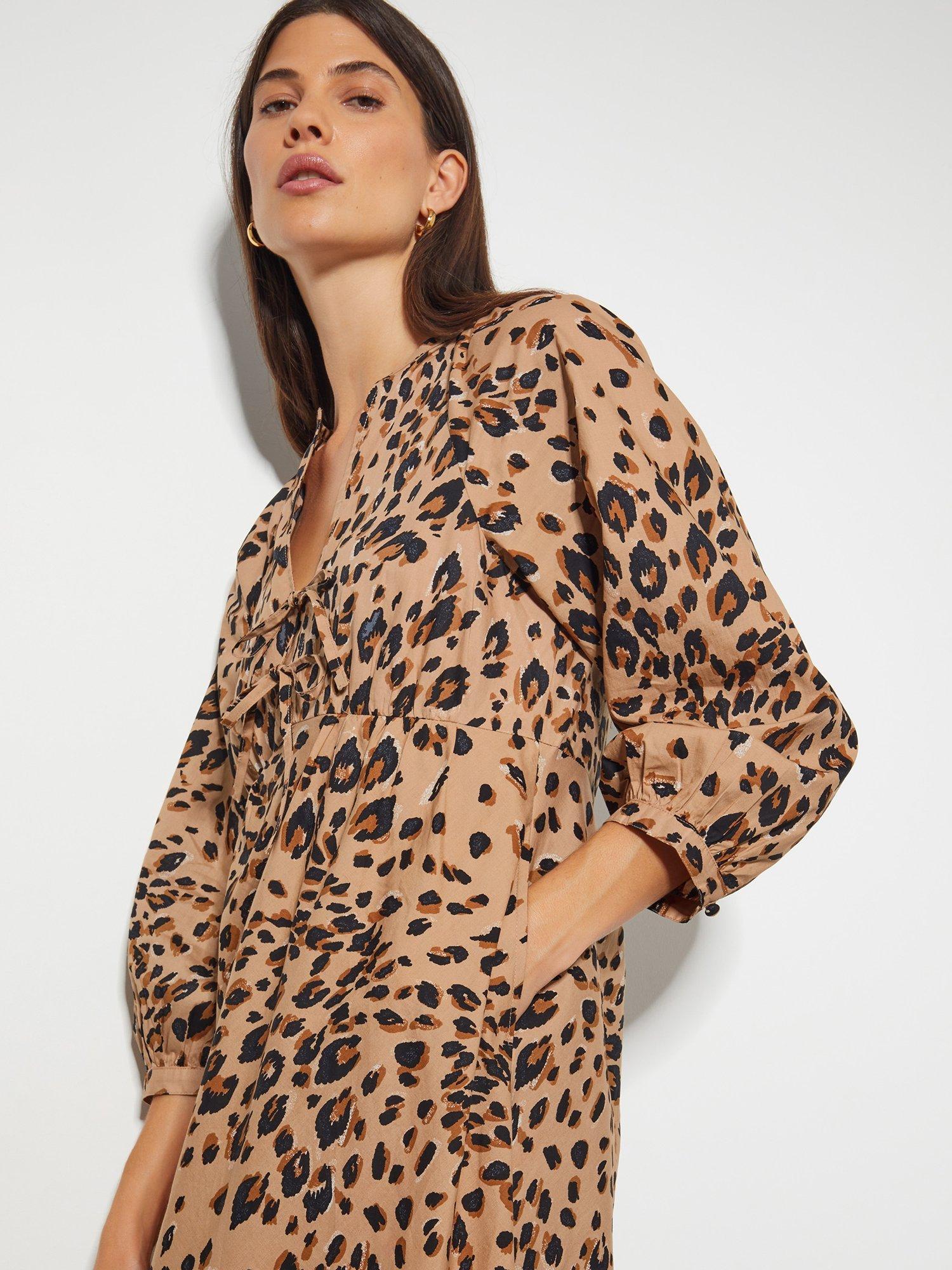 Product image 3 of 6, which shows Monsoon Raife Animal Print Tie Midi Dress, Natural, L