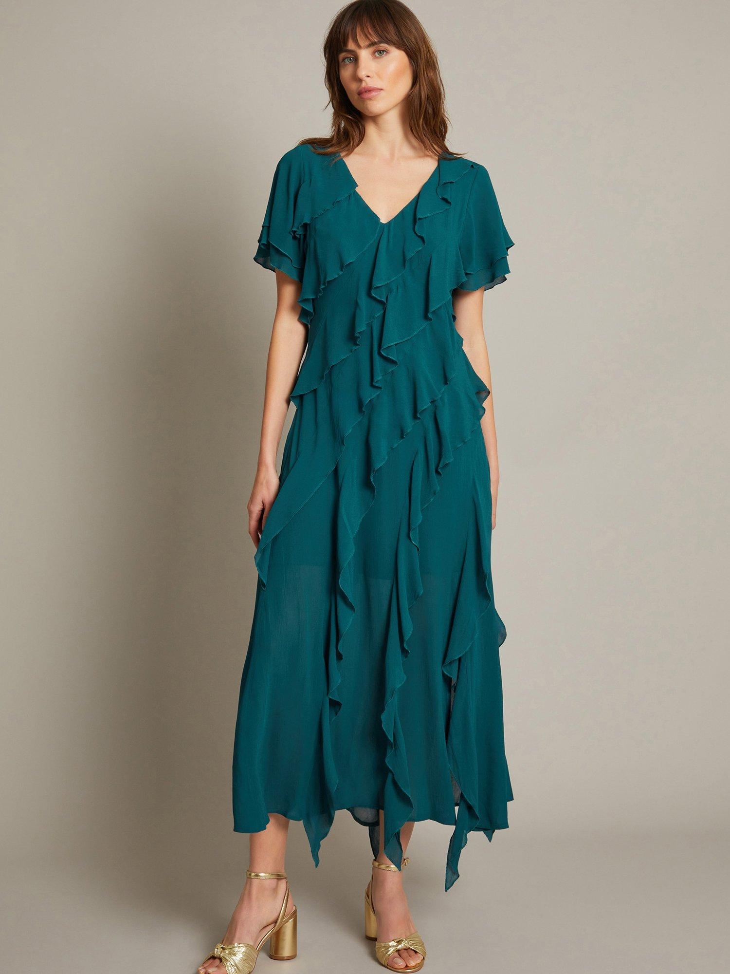 Product image 1 of 5, which shows Monsoon Renata Ruffle Dress, Teal, 8