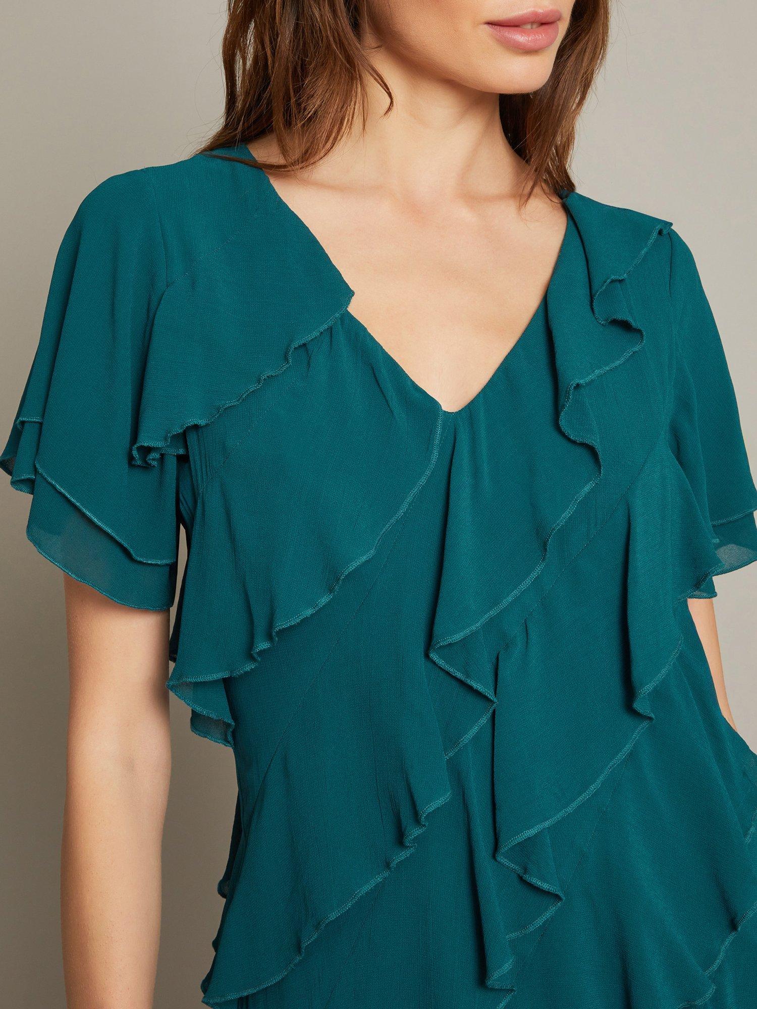 Product image 2 of 5, which shows Monsoon Renata Ruffle Dress, Teal, 8