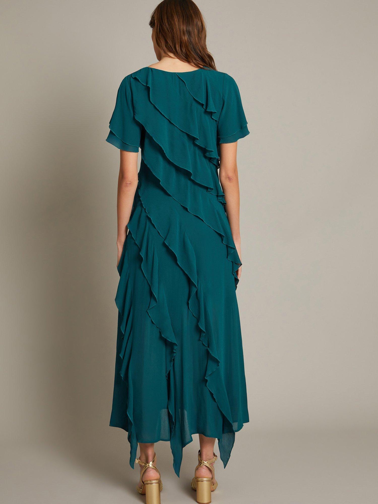 Product image 3 of 5, which shows Monsoon Renata Ruffle Dress, Teal, 8