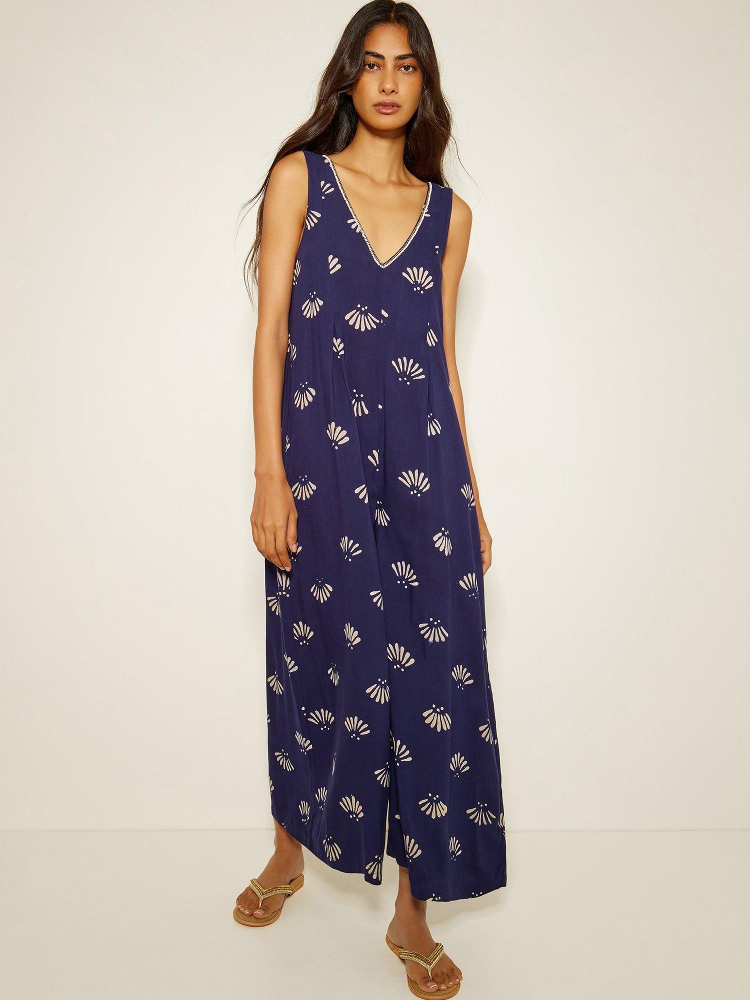 Product image 1 of 5, which shows Monsoon Briana Print Jumpsuit, Navy, S