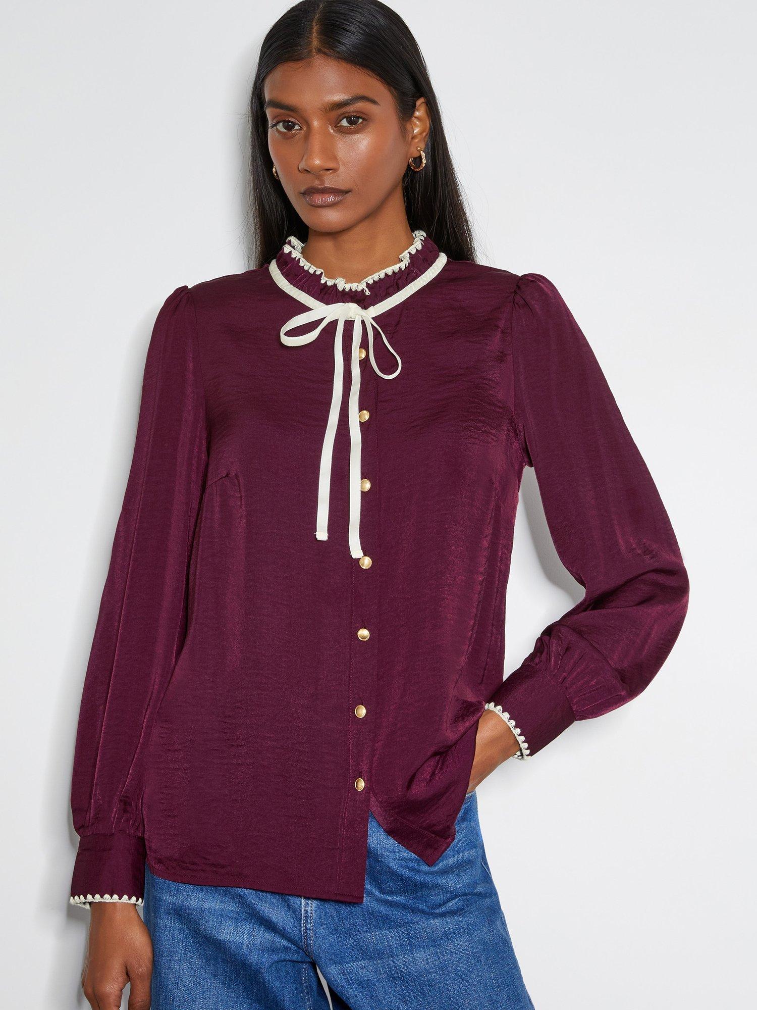 Product image 1 of 4, which shows Monsoon Thea Satin Blouse, Burgundy, 8