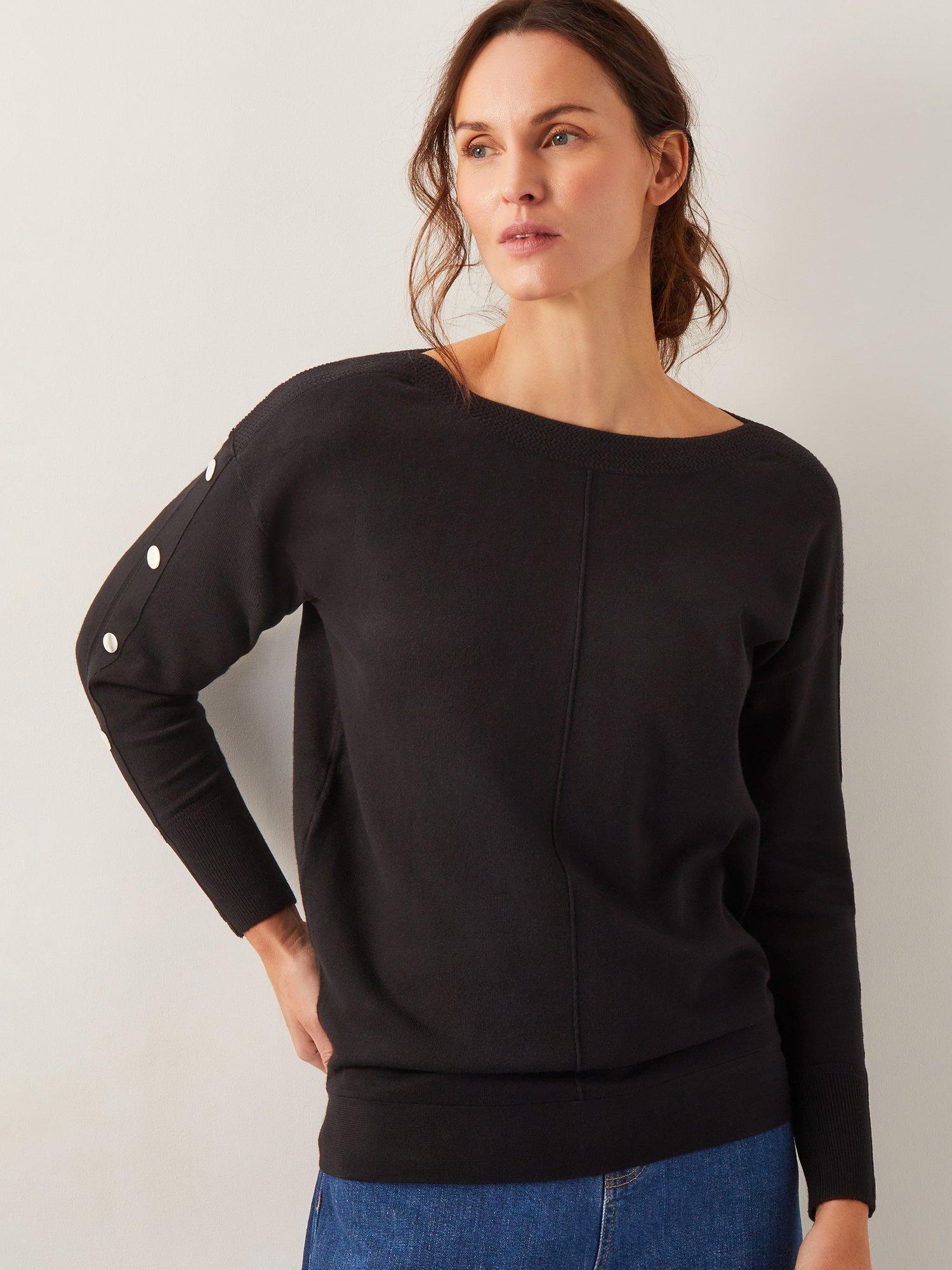 Product image 1 of 4, which shows Monsoon Bria Batwing Stud Sleeve Jumper, Black, S