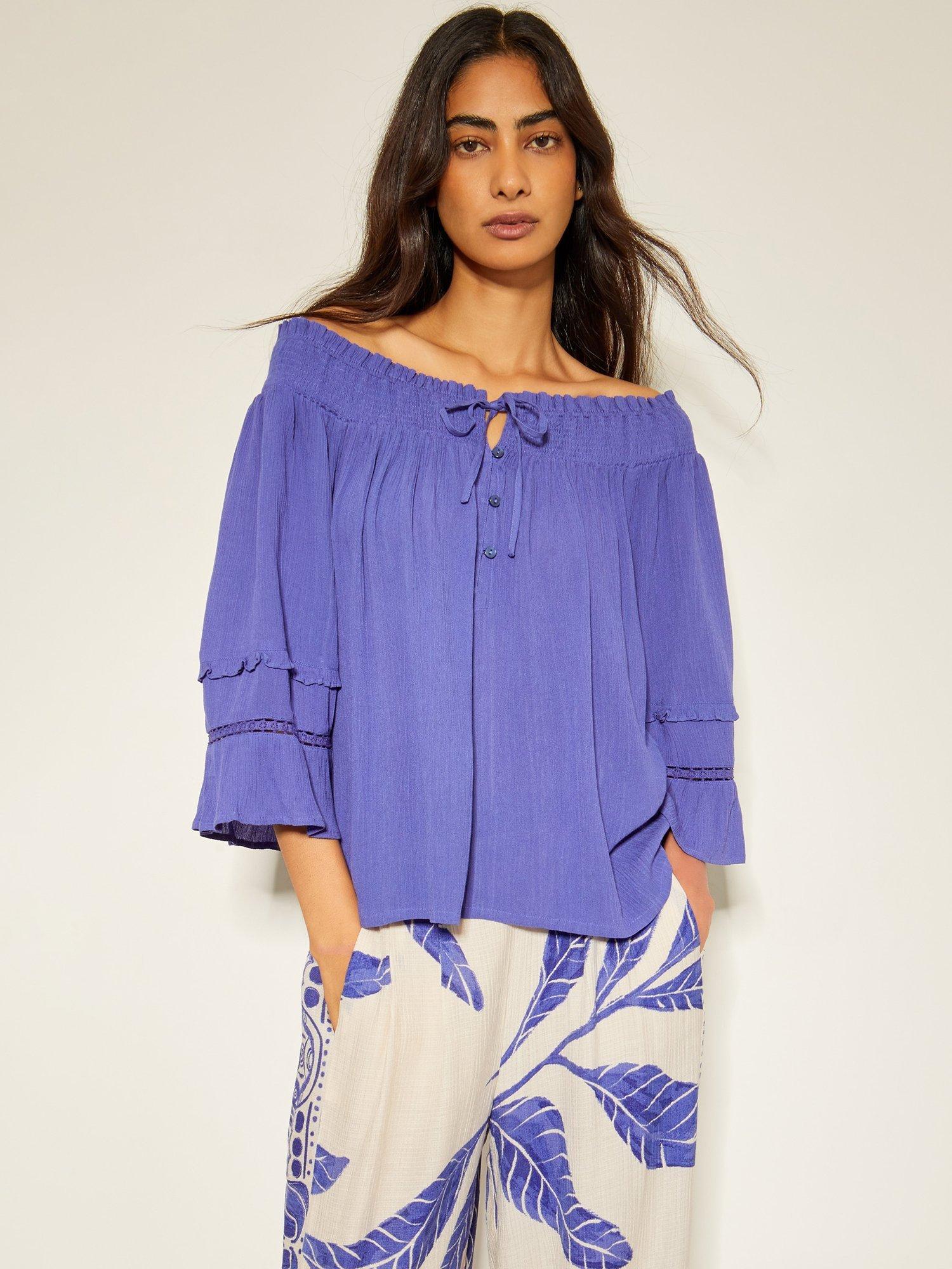 Product image 1 of 5, which shows Monsoon Ava Smock Top, Blue, S