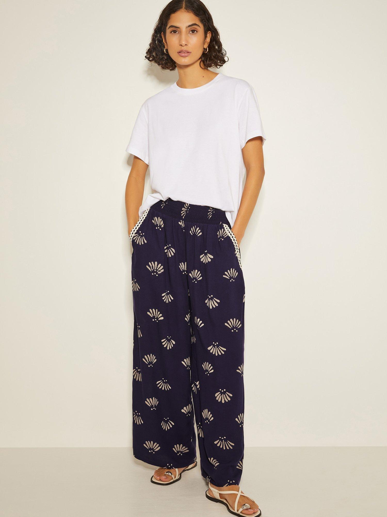 Monsoon Briana Print Trousers, Navy/Clay
