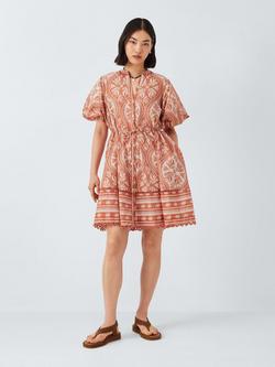 AND/OR Sofia Tile Print Button Through Cotton Mini Dress, Orange, Orange