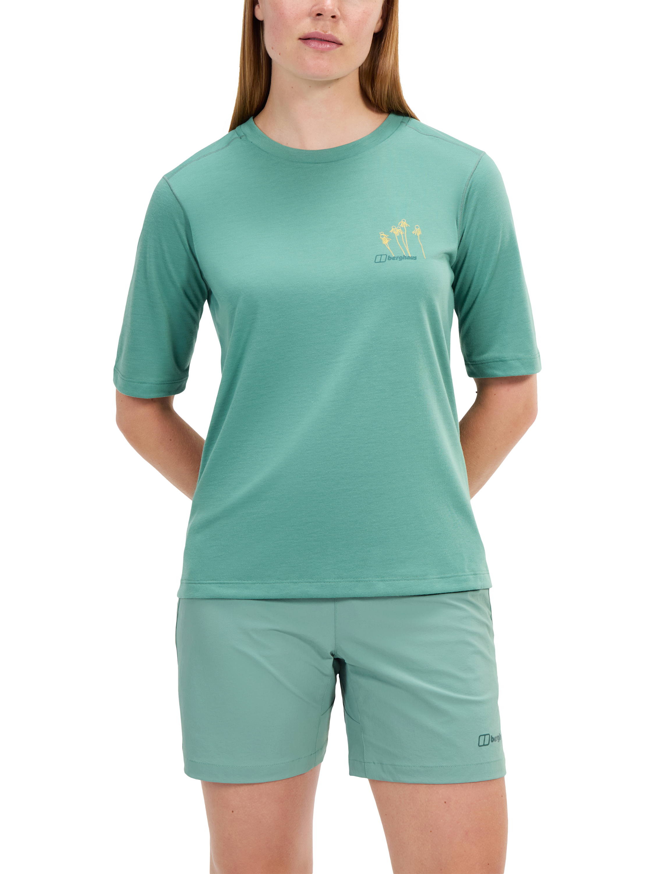 Product image 1 of 7, which shows Berghaus Coneflower Short Sleeve T-Shirt, Light Terrain, 8