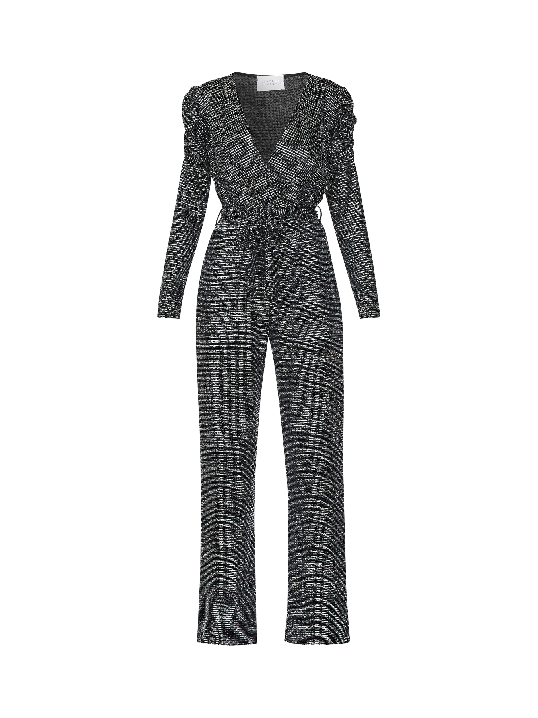 Product image 1 of 4, which shows Sisters Point Egina Sparkle Belted Jumpsuit, Black/Gunmetal, XS