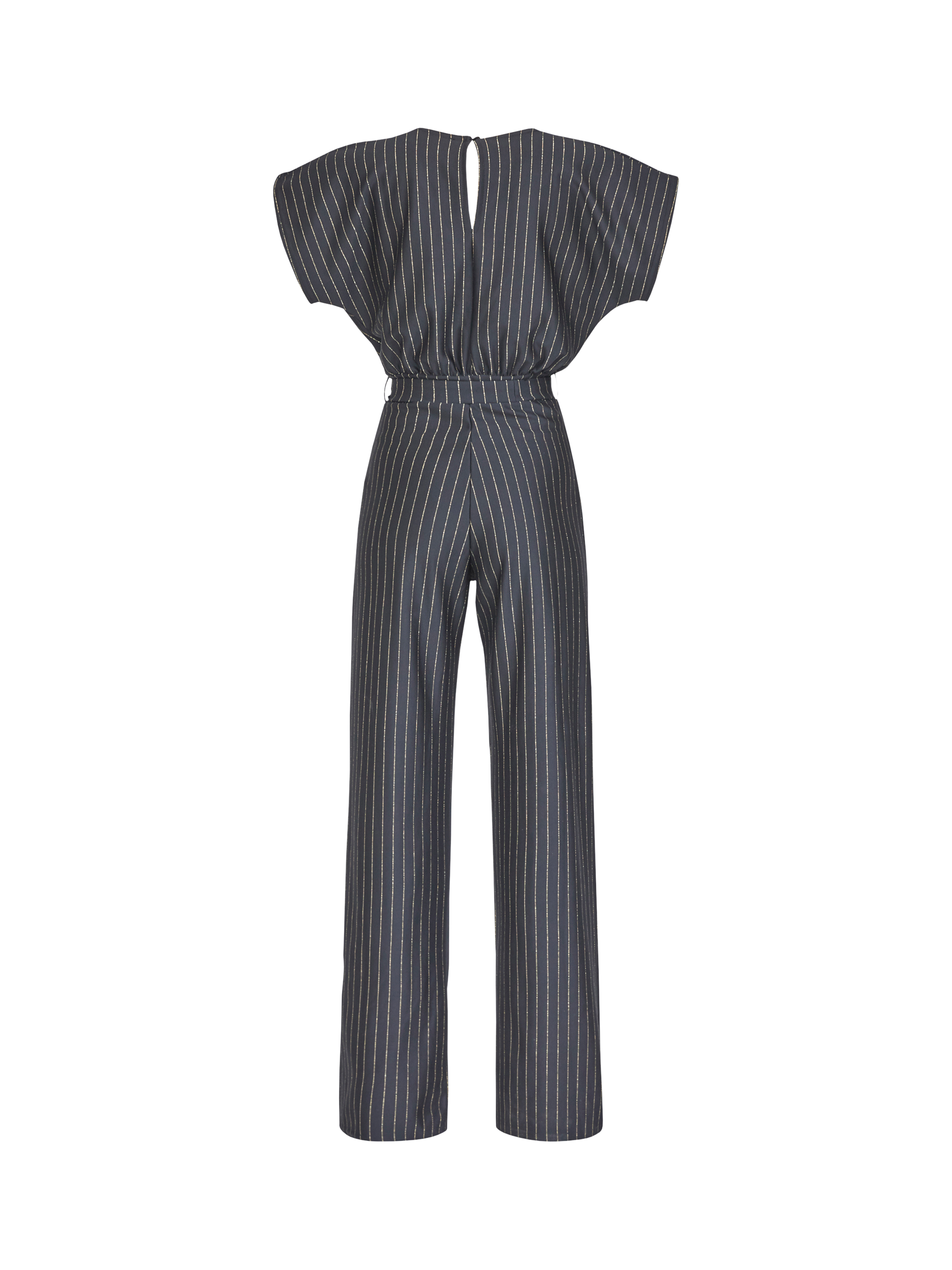 Product image 3 of 4, which shows Sisters Point Girl Pinstripe Jumpsuit, Black/Gold, XS