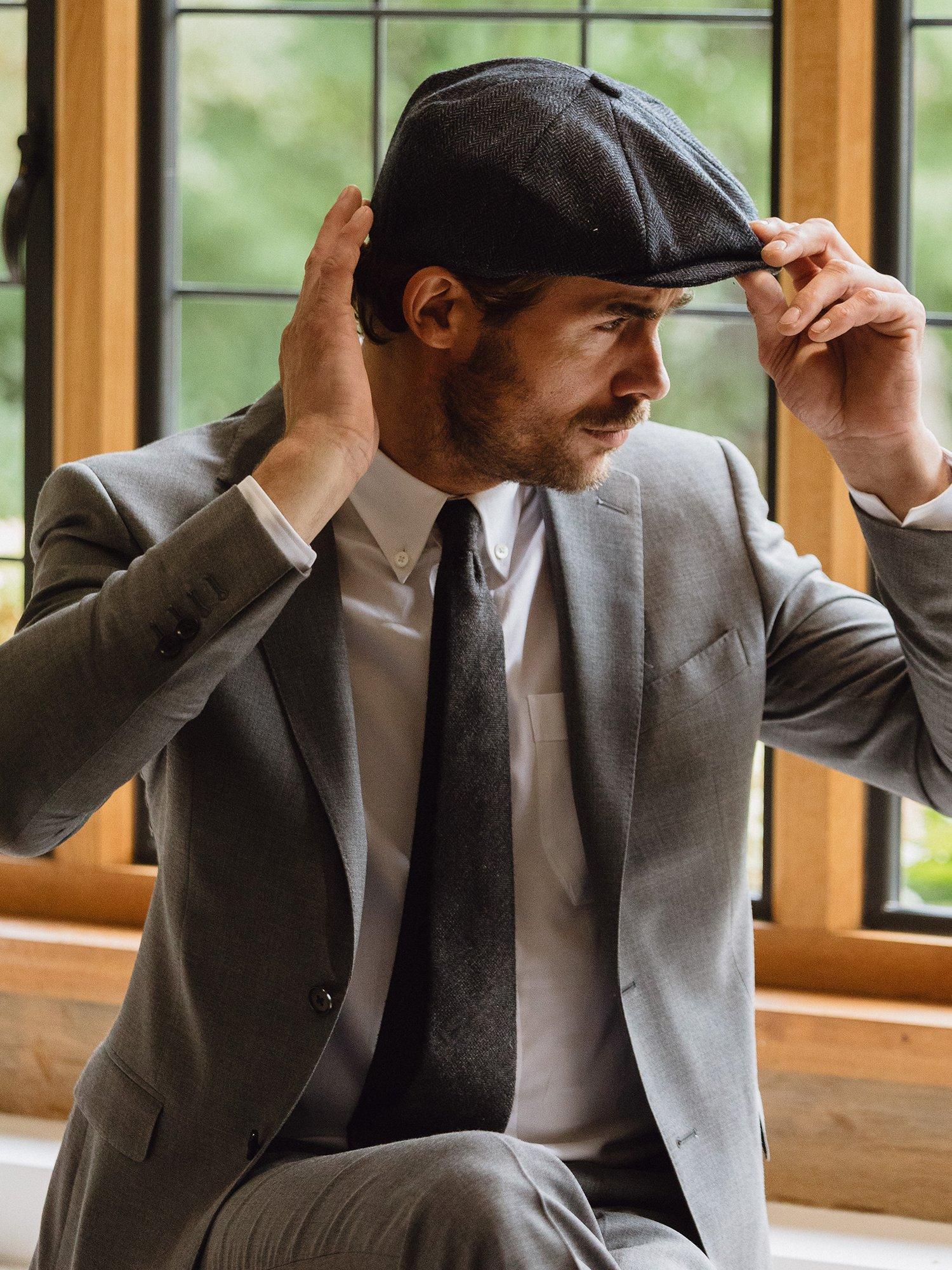 Product image 6 of 6, which shows Christys' Herringbone Tweed 8-Piece Baker Boy Cap, Navy, S