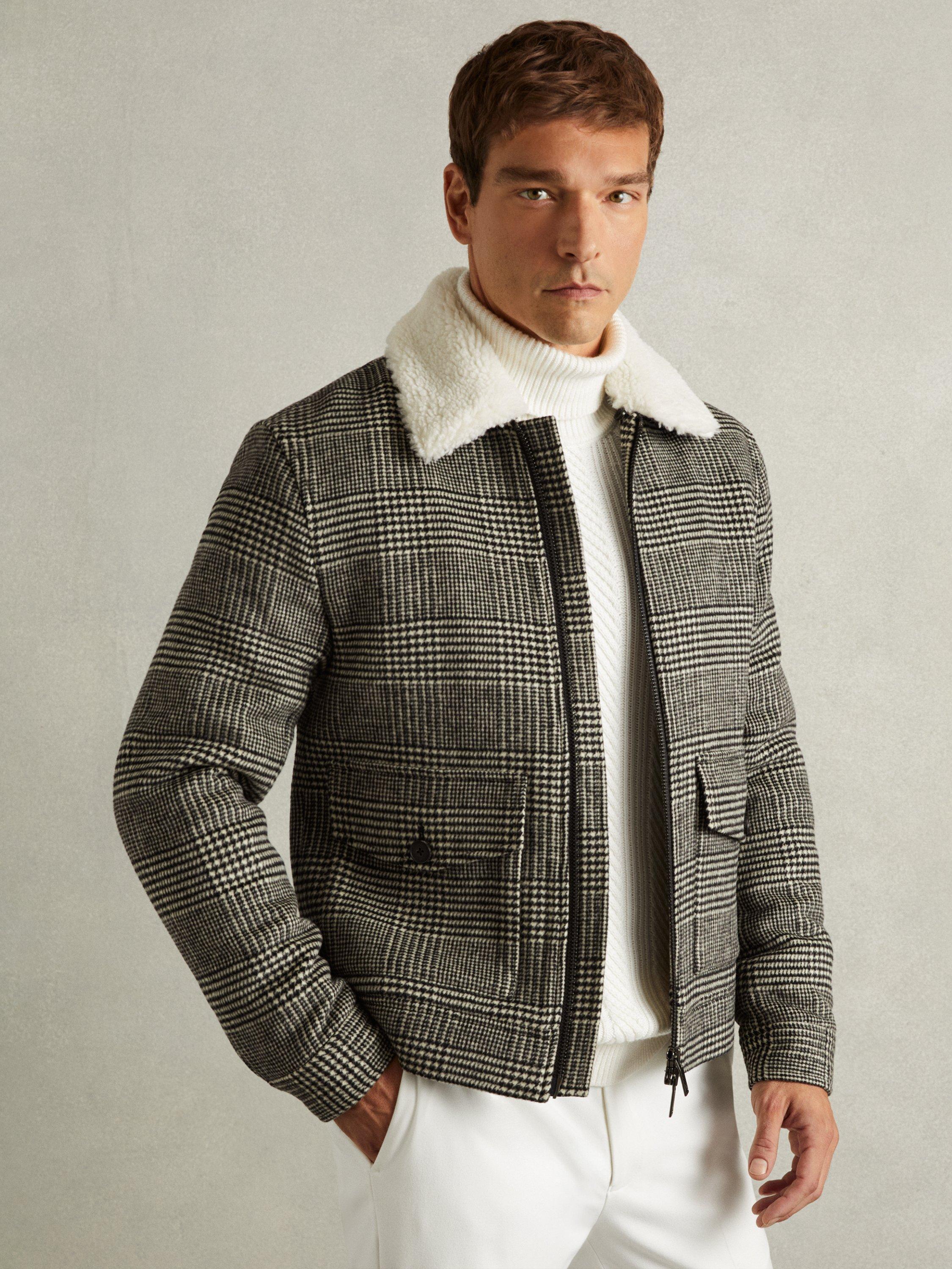 Product image 1 of 5, which shows Reiss Fitz Wool-Blend Twill Zipped Jacket, Black/White, XS