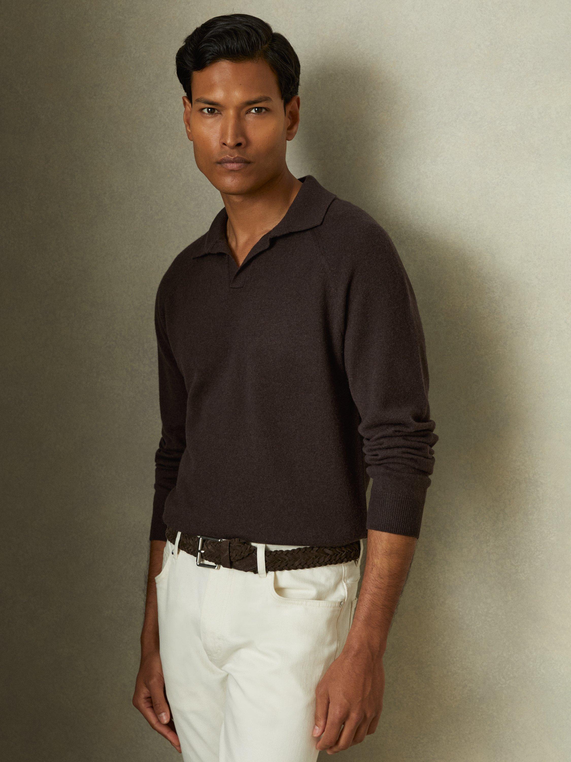 Reiss Grange Wool Cashmere Open Collar Jumper, Chocolate Brown