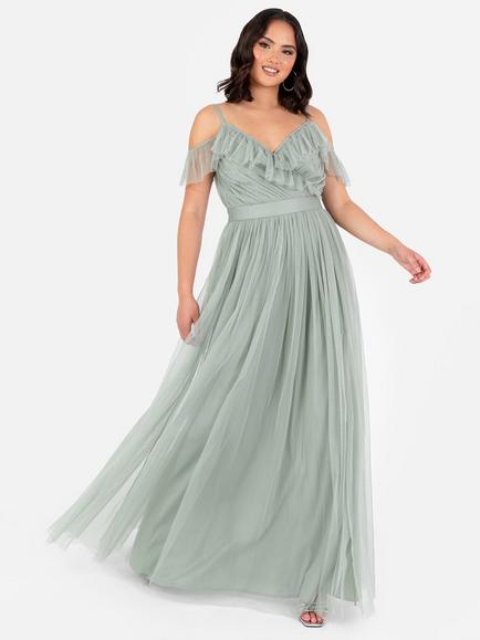 Anaya With Love Wrap Cold Shoulder Tulle Maxi Dress, Frosty Green