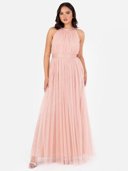 Anaya With Love Halterneck Sash Belt Tulle Maxi Dress, Peach Blush