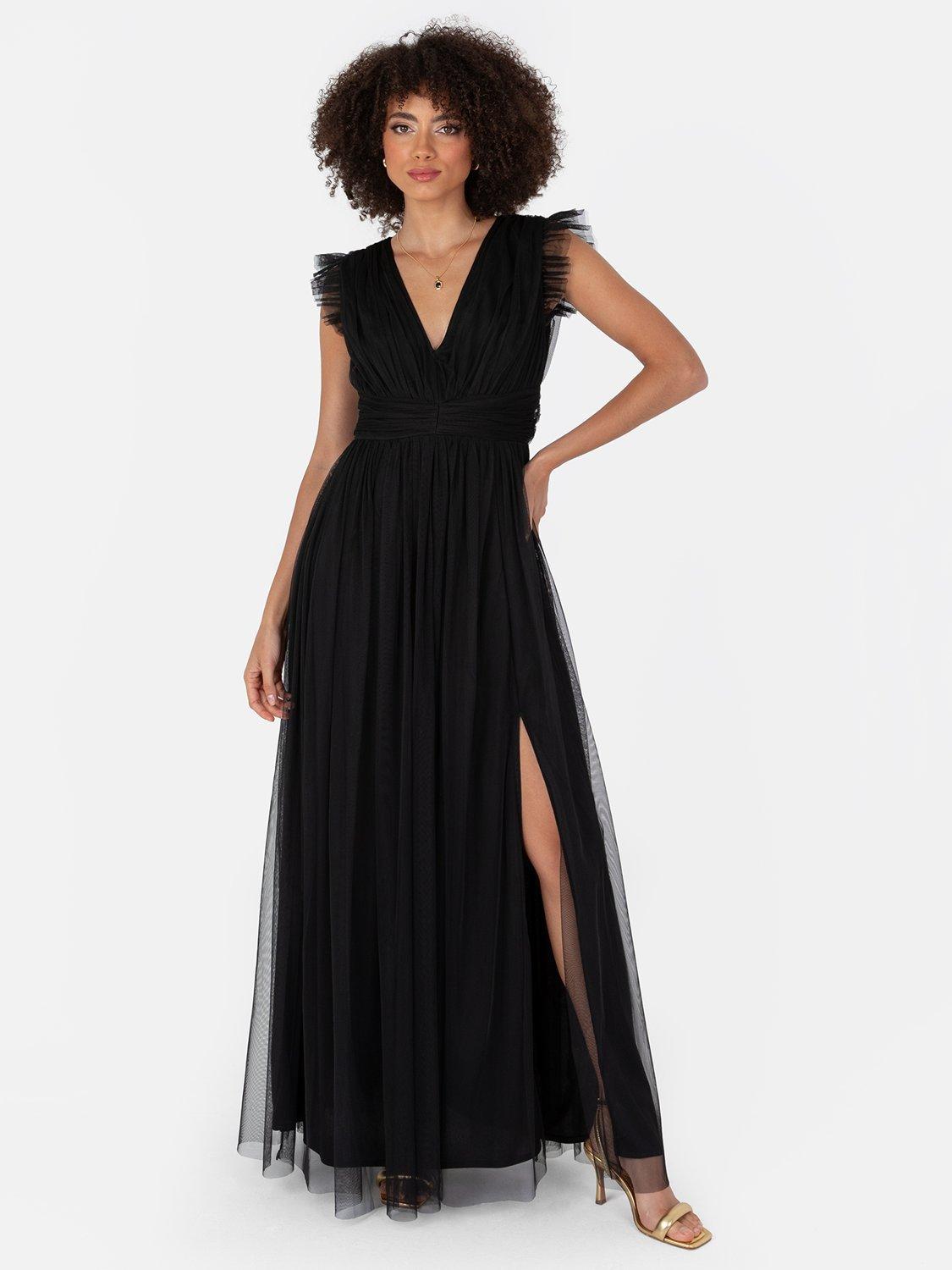 Product image 1 of 4, which shows Anaya With Love Flutter Sleeve Thigh Split Maxi Dress, Black, 6