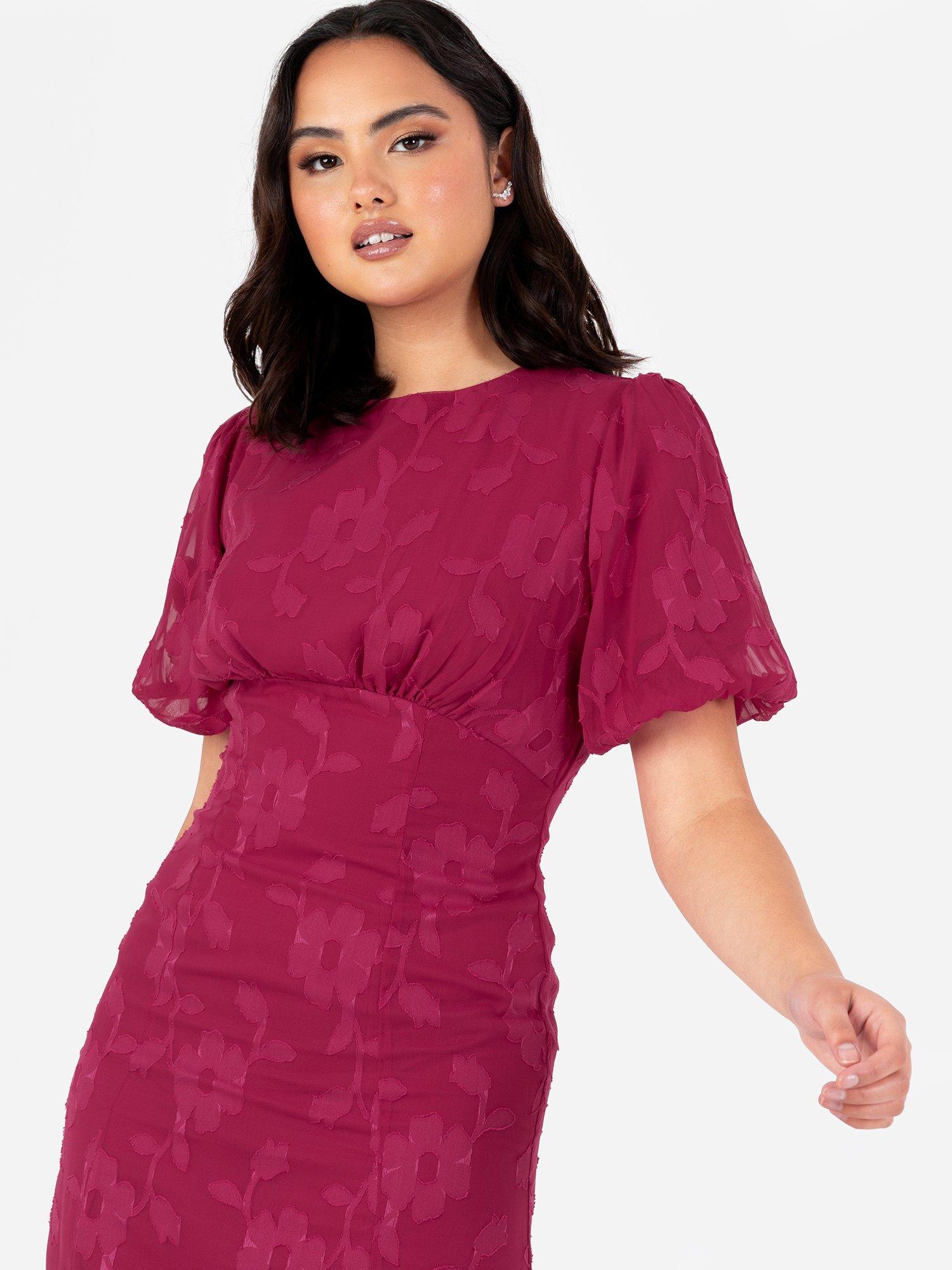 Product image 3 of 4, which shows Anaya With Love Jacquard Puff Sleeve Maxi Dress, Cerise, 6