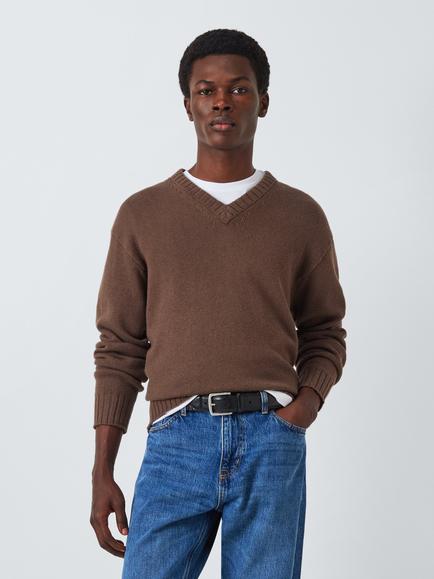 John Lewis Cotton Wool Blend V-Neck Jumper, Brown, Brown