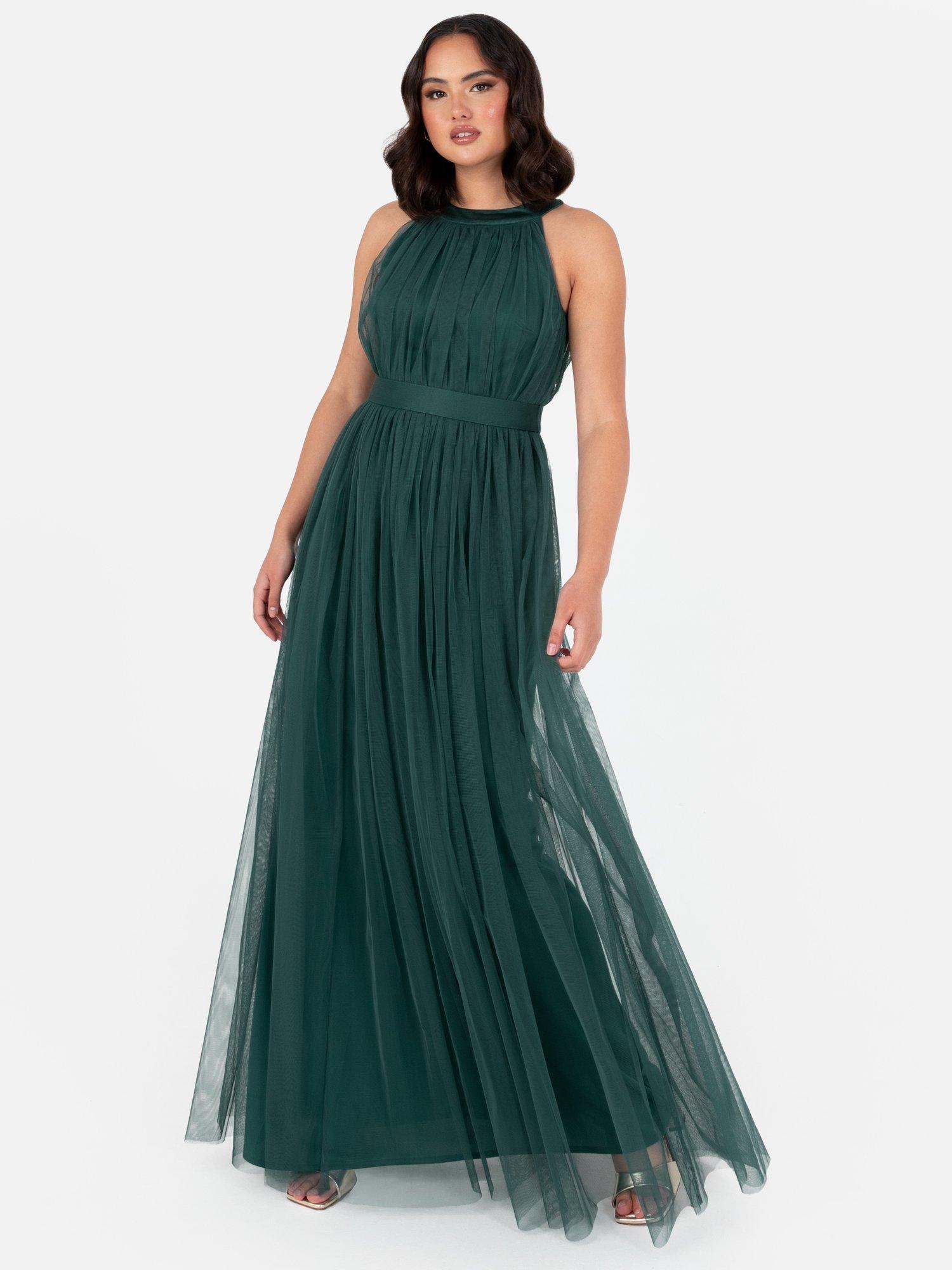 Product image 1 of 4, which shows Anaya With Love Halterneck Sash Belt Tulle Maxi Dress, Emerald Green, 6