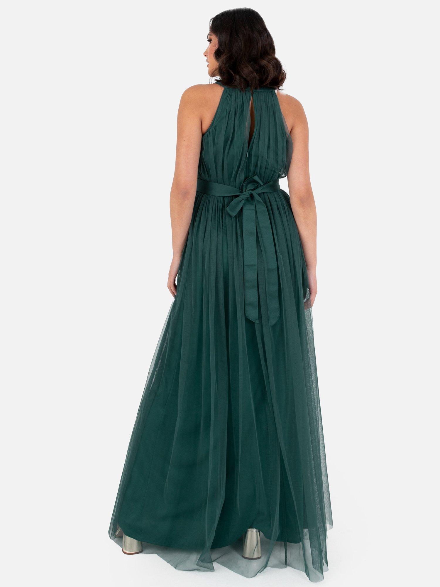 Product image 2 of 4, which shows Anaya With Love Halterneck Sash Belt Tulle Maxi Dress, Emerald Green, 6