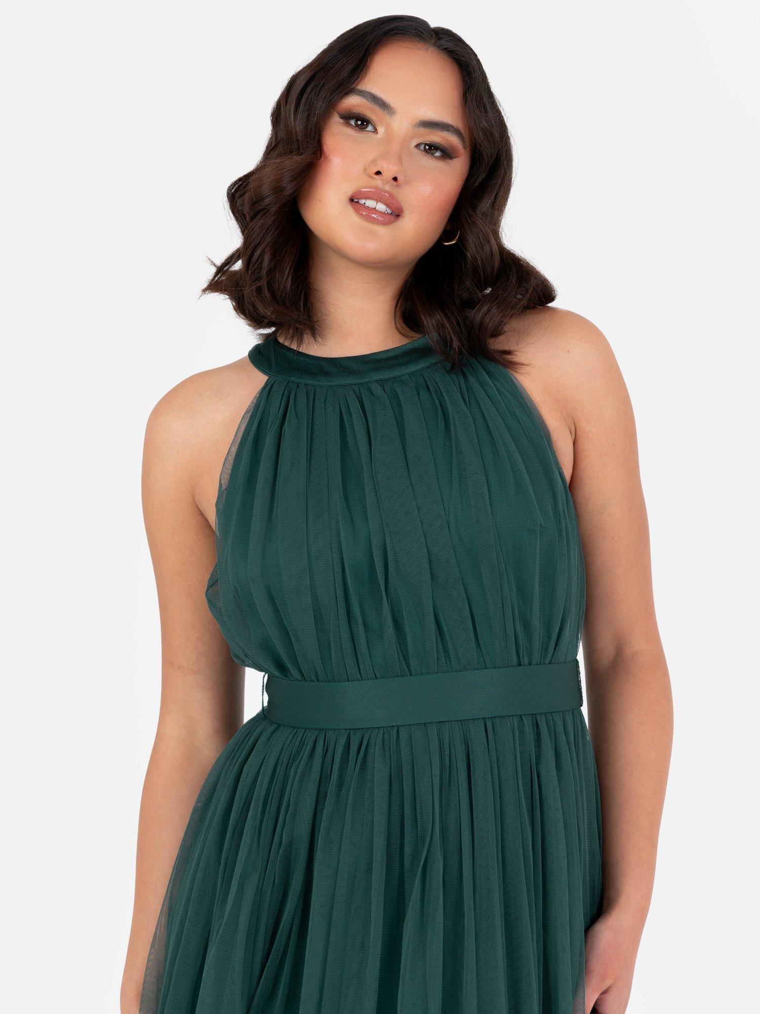 Product image 3 of 4, which shows Anaya With Love Halterneck Sash Belt Tulle Maxi Dress, Emerald Green, 6