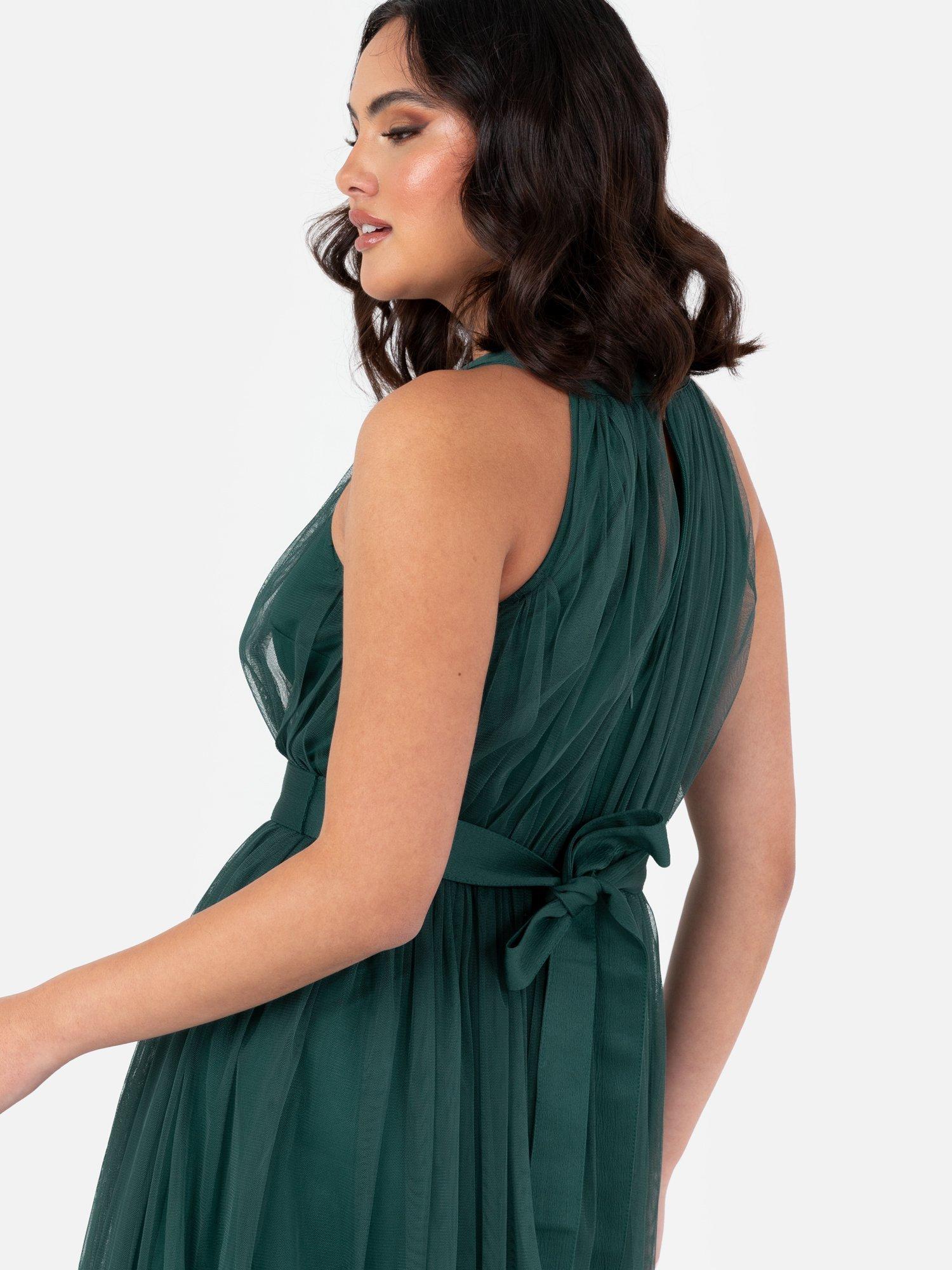 Product image 4 of 4, which shows Anaya With Love Halterneck Sash Belt Tulle Maxi Dress, Emerald Green, 6