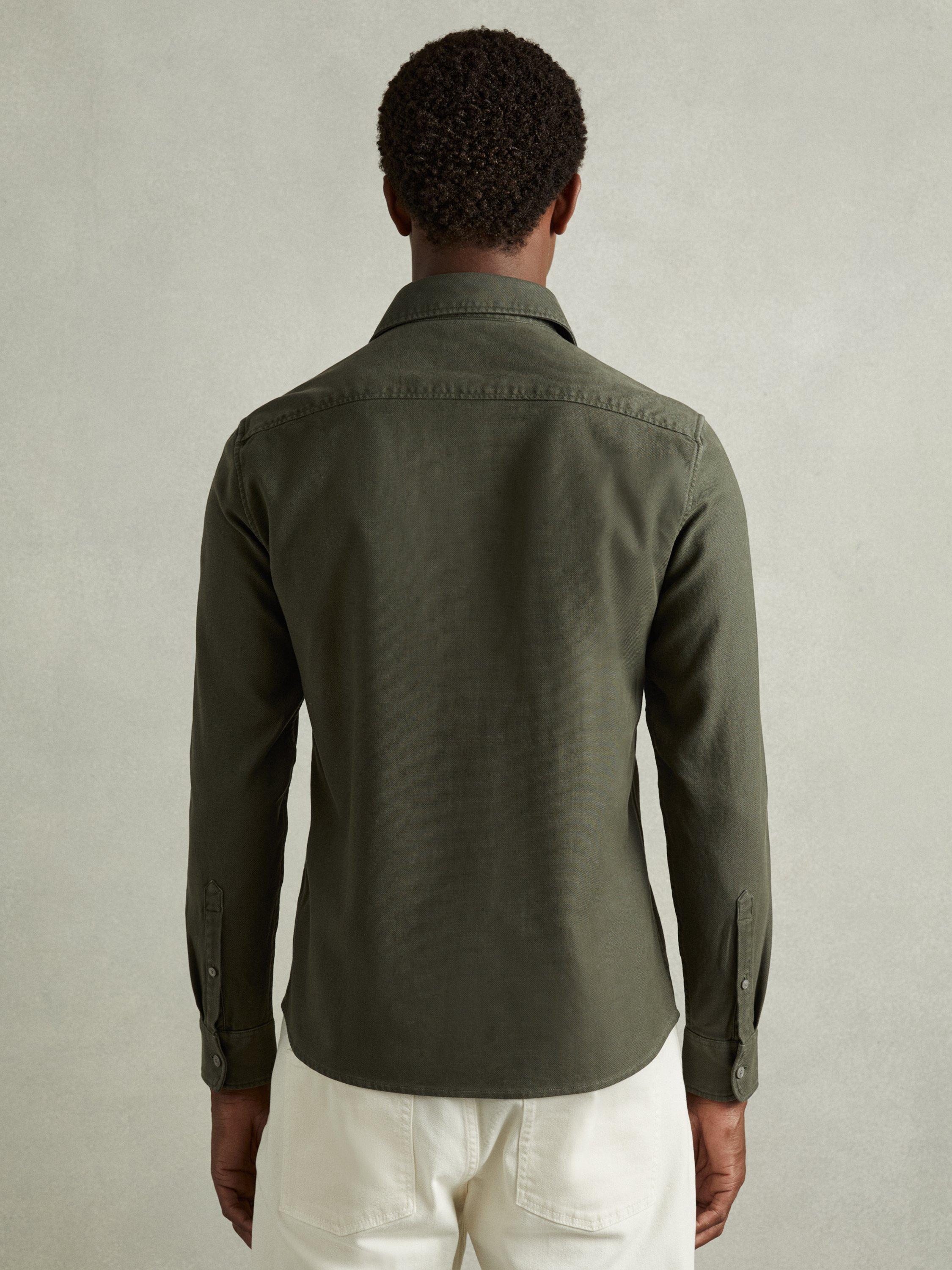 Product image 2 of 5, which shows Reiss Caparzo Stretch Cotton Blend Canvas Overshirt, Khaki Green, XS