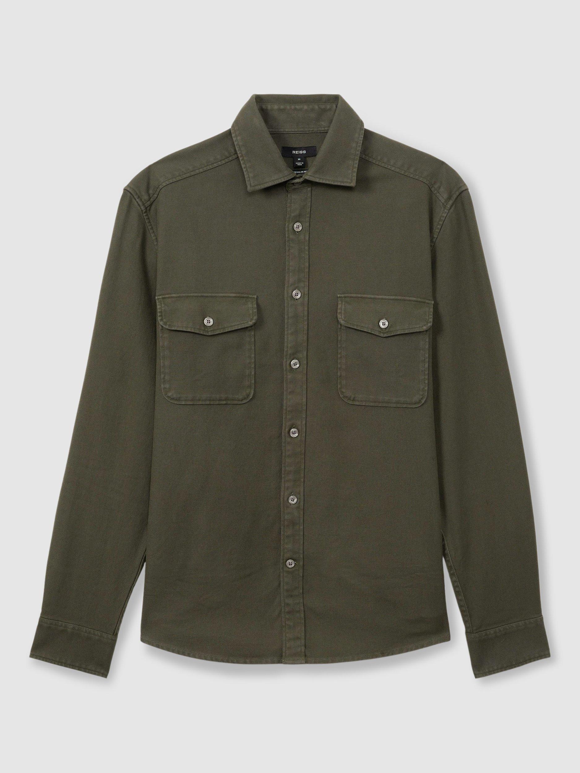 Product image 3 of 5, which shows Reiss Caparzo Stretch Cotton Blend Canvas Overshirt, Khaki Green, XS