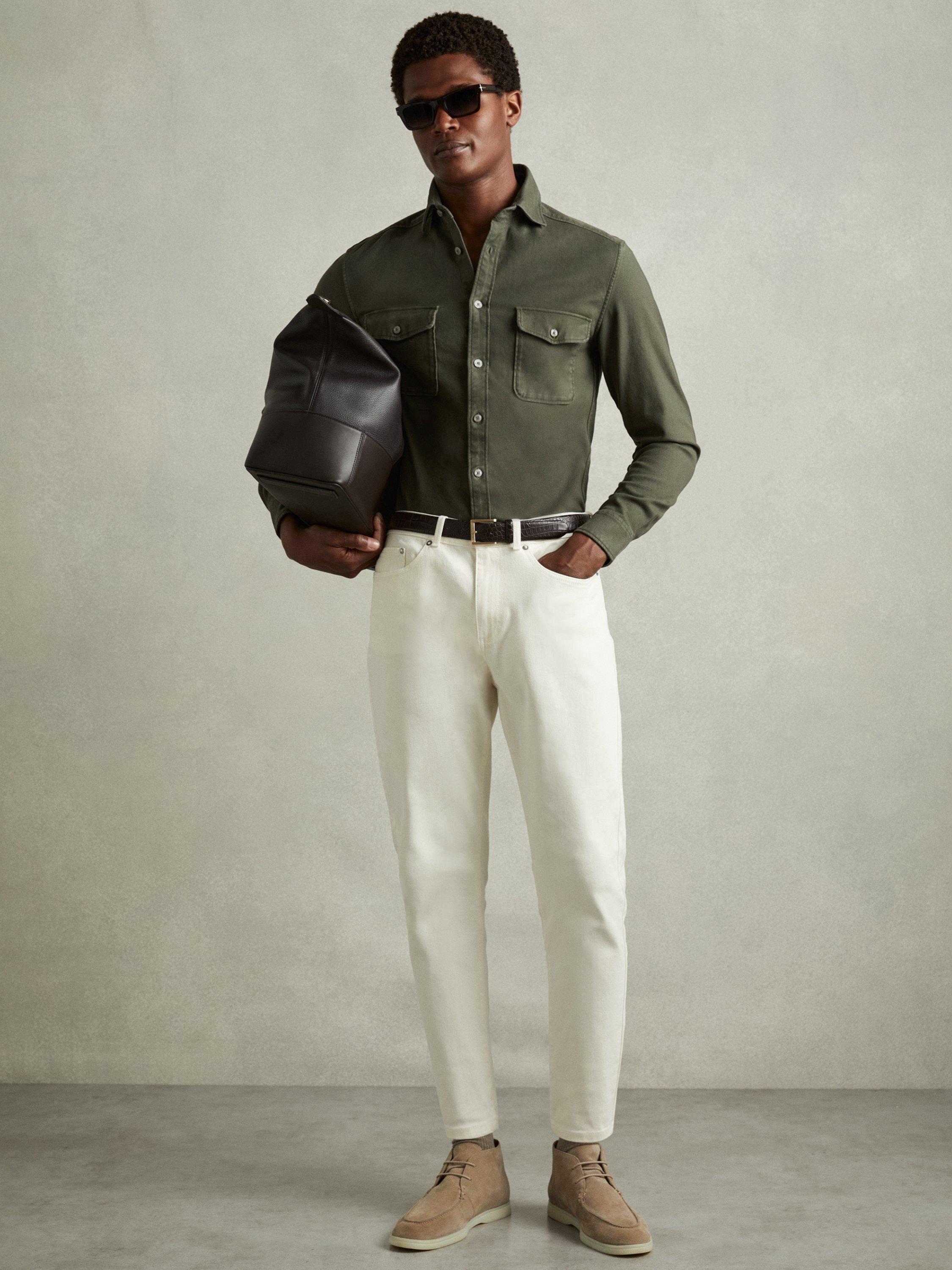 Product image 4 of 5, which shows Reiss Caparzo Stretch Cotton Blend Canvas Overshirt, Khaki Green, XS